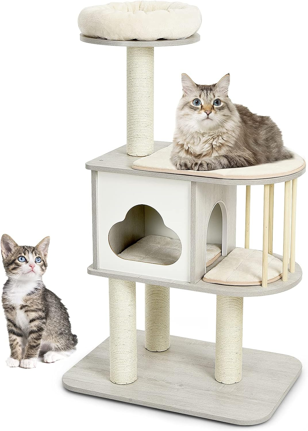 Costway 117 Cm Wooden Cat Tower W/ Scratching Sisal Posts, 4-Tier Cat Tree W/ Condo, Stable Structure, Free Cushion, Platform, Protective Pine Wood Rail, Perch W/ Cat Bed, Small Cat Play House Combo for 1-2 Cats image number 2
