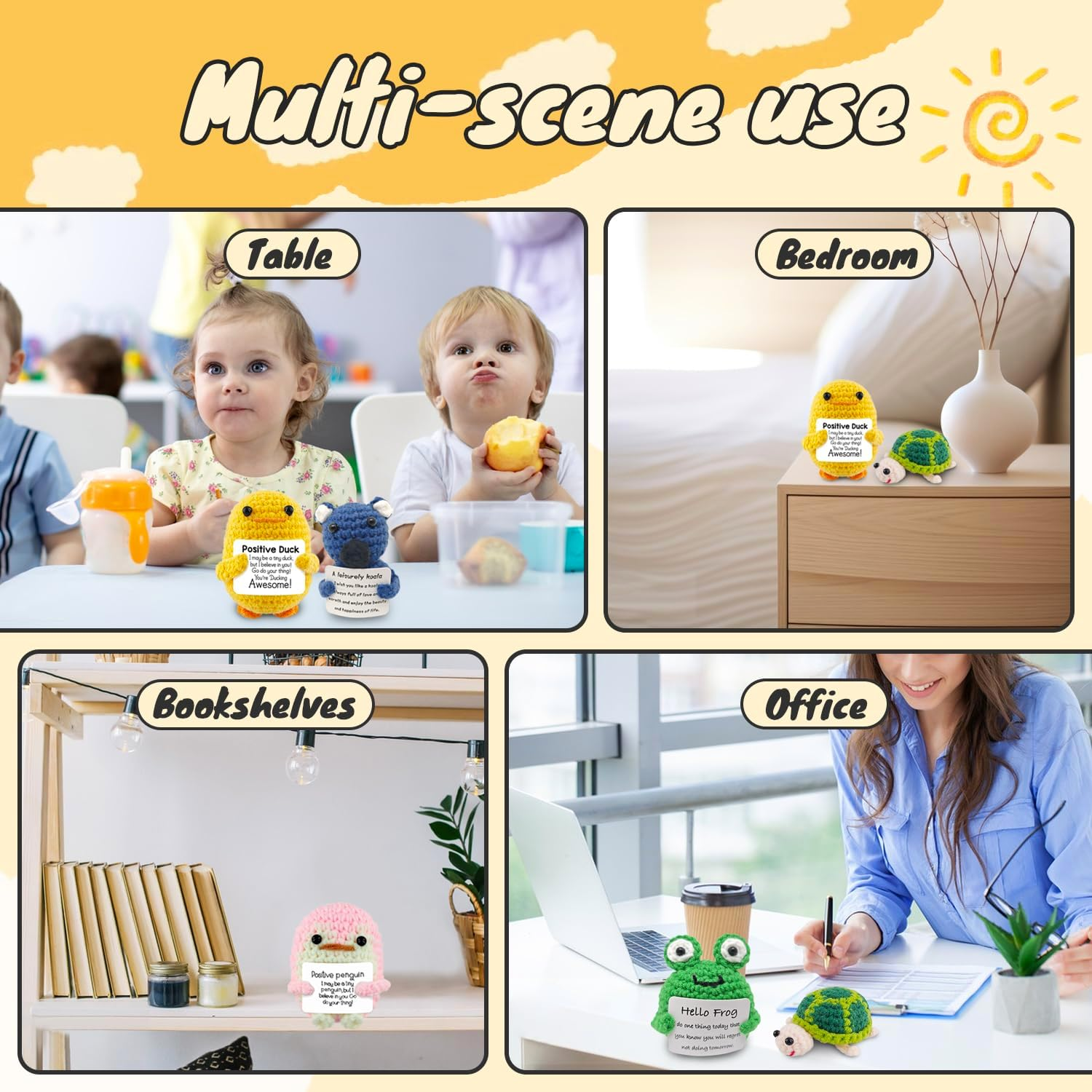 5PCS Positive Crochet Animals Decor, Soft Knitting Cute Handmade Mini Funny Crochet Gifts with Affirmations Cards, Emotional Support Positive Duck for Birthday Xmas Party Gifts Office Home Decor image number 1