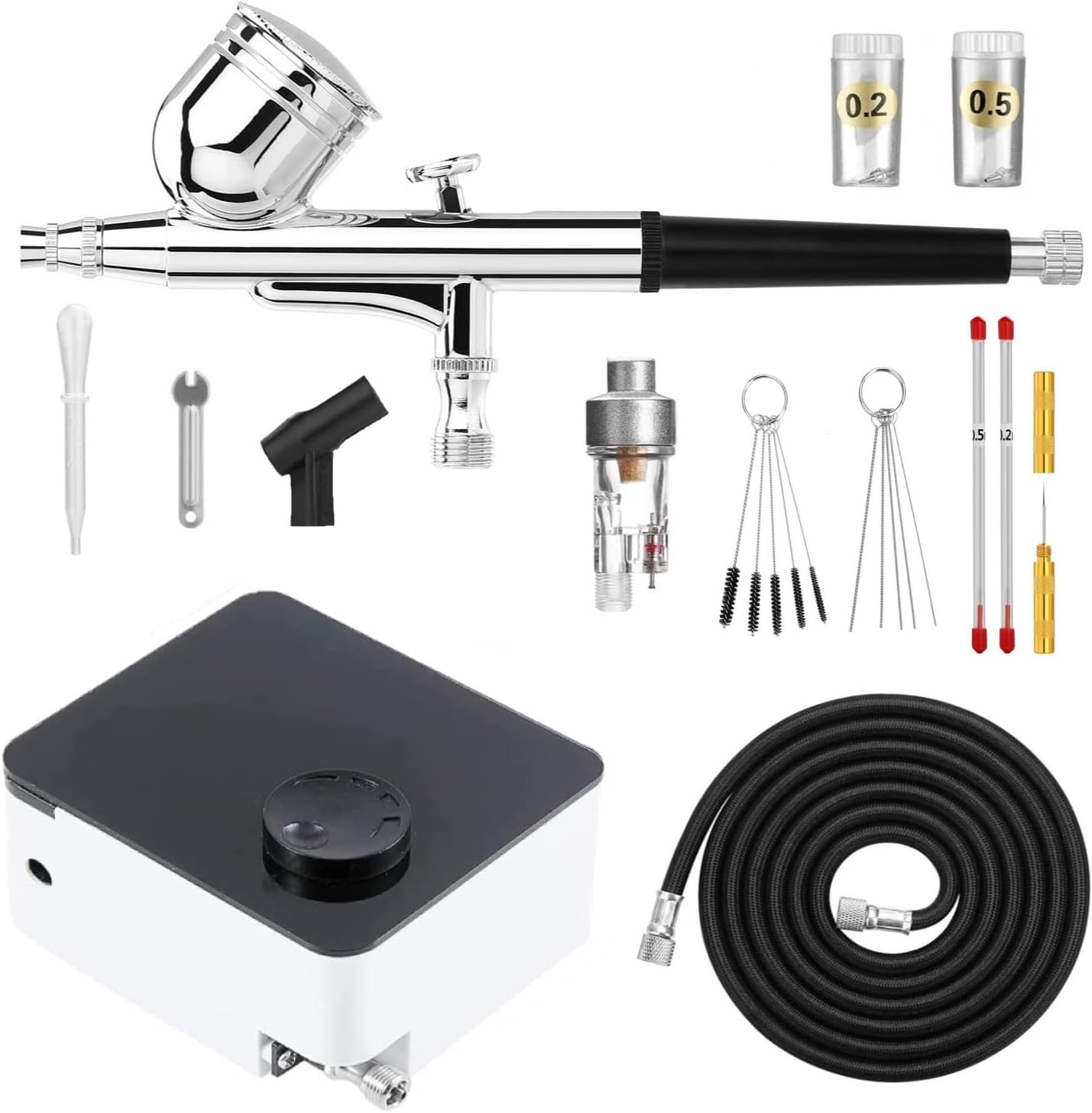 Airbrush Kit with 33PSI Adjustable Air Compressor, Dual-Action Airbrush with 0.2/0.3/0.5Mm Nozzle/Cleaning Sets for Nail Art,Makeup,Modeling, Cake Decor, Pastry, Etc. image number 1
