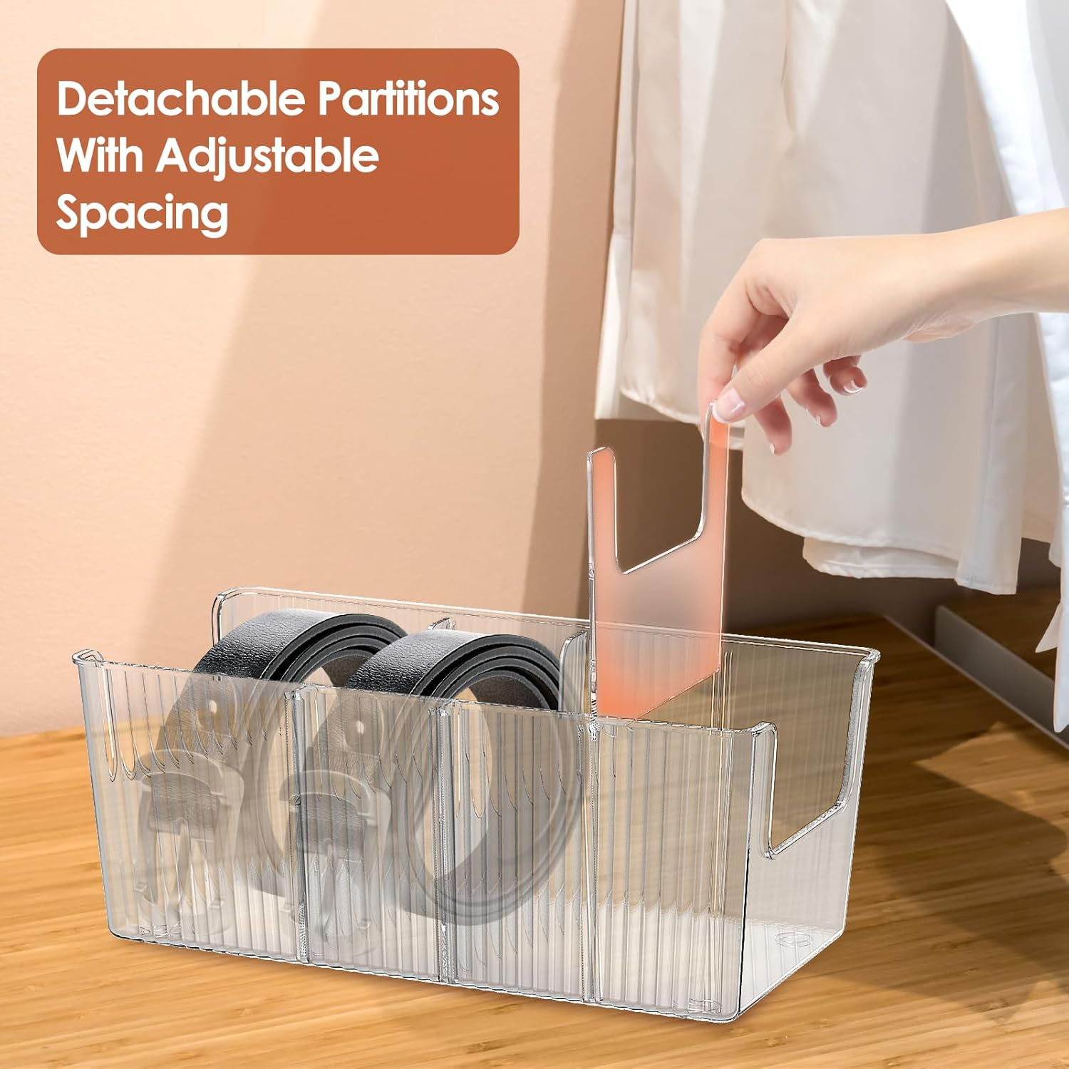 NIPUAEGO 2Pcs Belt Organizer Box, Space Saving Design Three Detachable Partition Belt Storage Case for Closet Dresser 26&times;13.5&times;10.5Cm