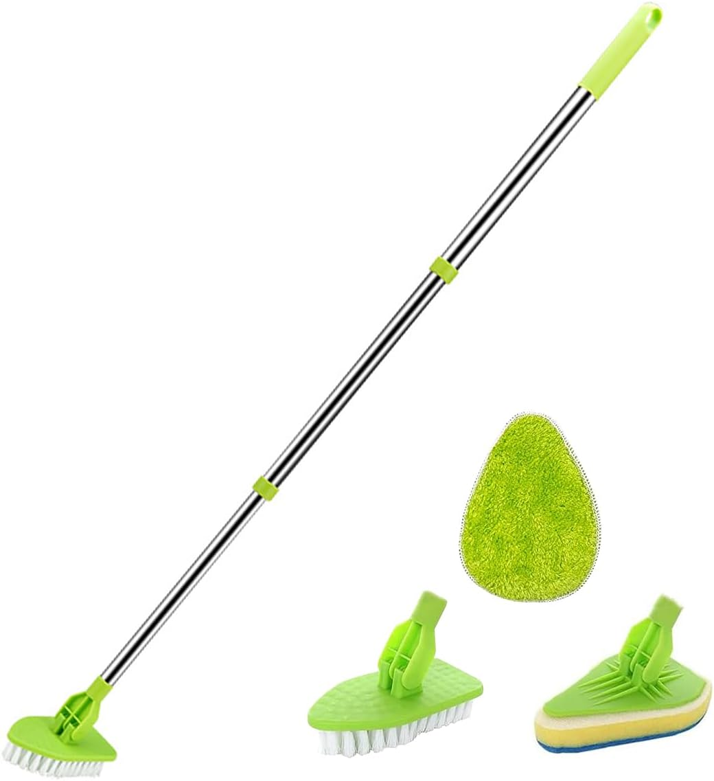 Shower Cleaning Brush, 3 in 1 Scrub Cleaning Brush with Extendable Long Handle Rotatable Cleaning Mop Tub Tile Scrubber Brush with 1 Stiff Bristles and 1 Sponge Brush Head for Bathroom Tub Shower image number 1