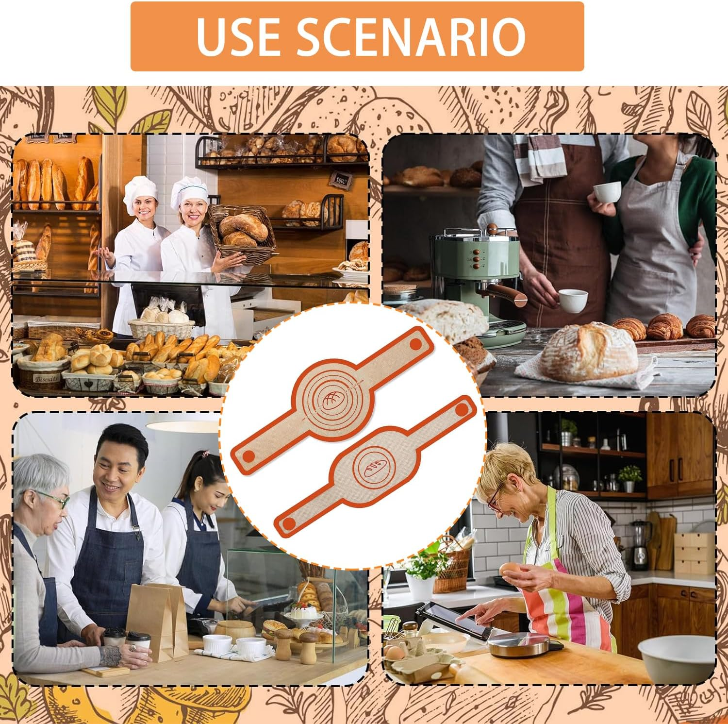 BEANPRECOY 2 Pack Silicone Fibreglass Baking Mats for Dutch Oven, Non-Stick, Long Handles, Orange, Rectangular with Rounded Corners image number 4