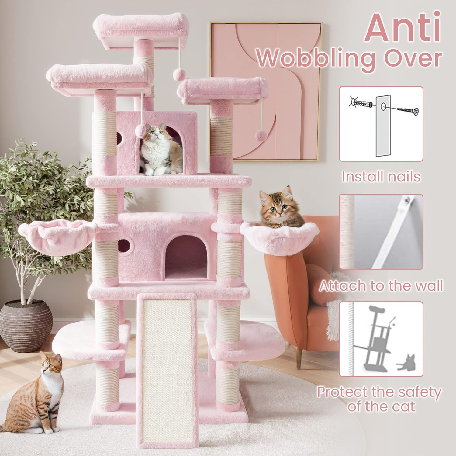 SHA CERLIN 68 Inches Multi-Level Large Cat Tree for Large Kitties/Big Cat Tower with Condo/Cozy Plush &zwnj;Pussycat Perches/Sisal Scratching Posts and Hammocks/Activity Center/Pink