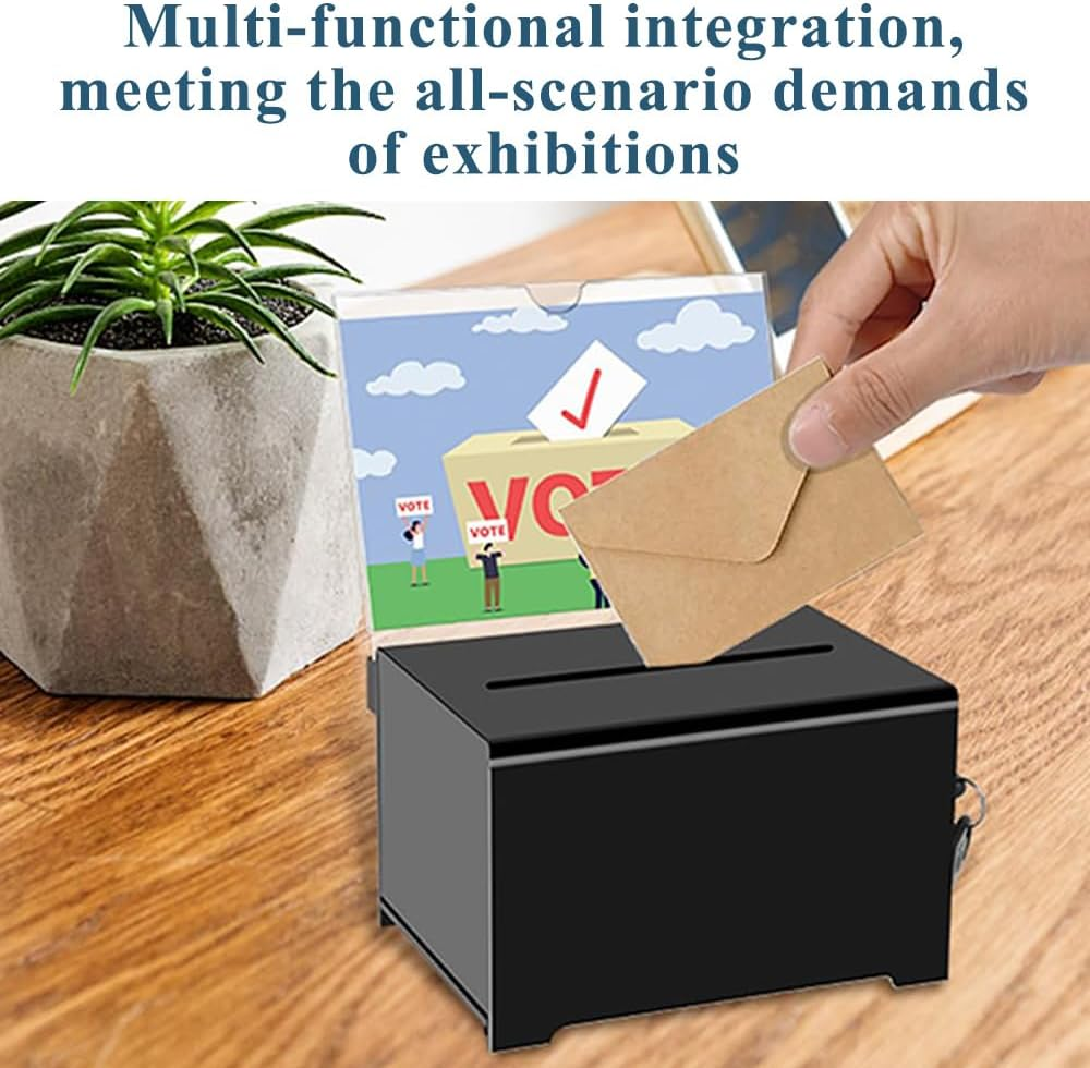 MOTRAIN Clear Acrylic Suggestion Box with Lock and Sign Holder, Donation, Ballot, Voting, and Fundraising Box for Charity, Office, and Events (6.1 X 4.5 X 8 Inches) (Black) image number 4
