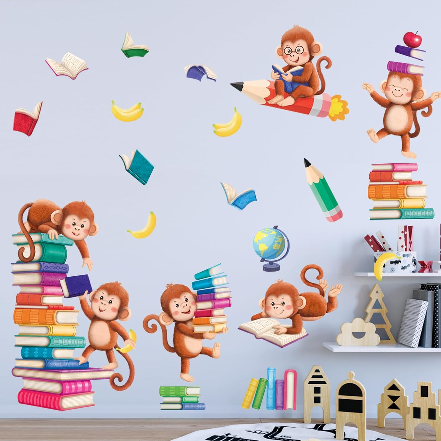 DECOWALL SG2-2402 Books with Reading Monkey Wall Stickers Book Inspirational Decals Baby Library Playroom Nursery School Classroom Animals Decals Removable image number 4
