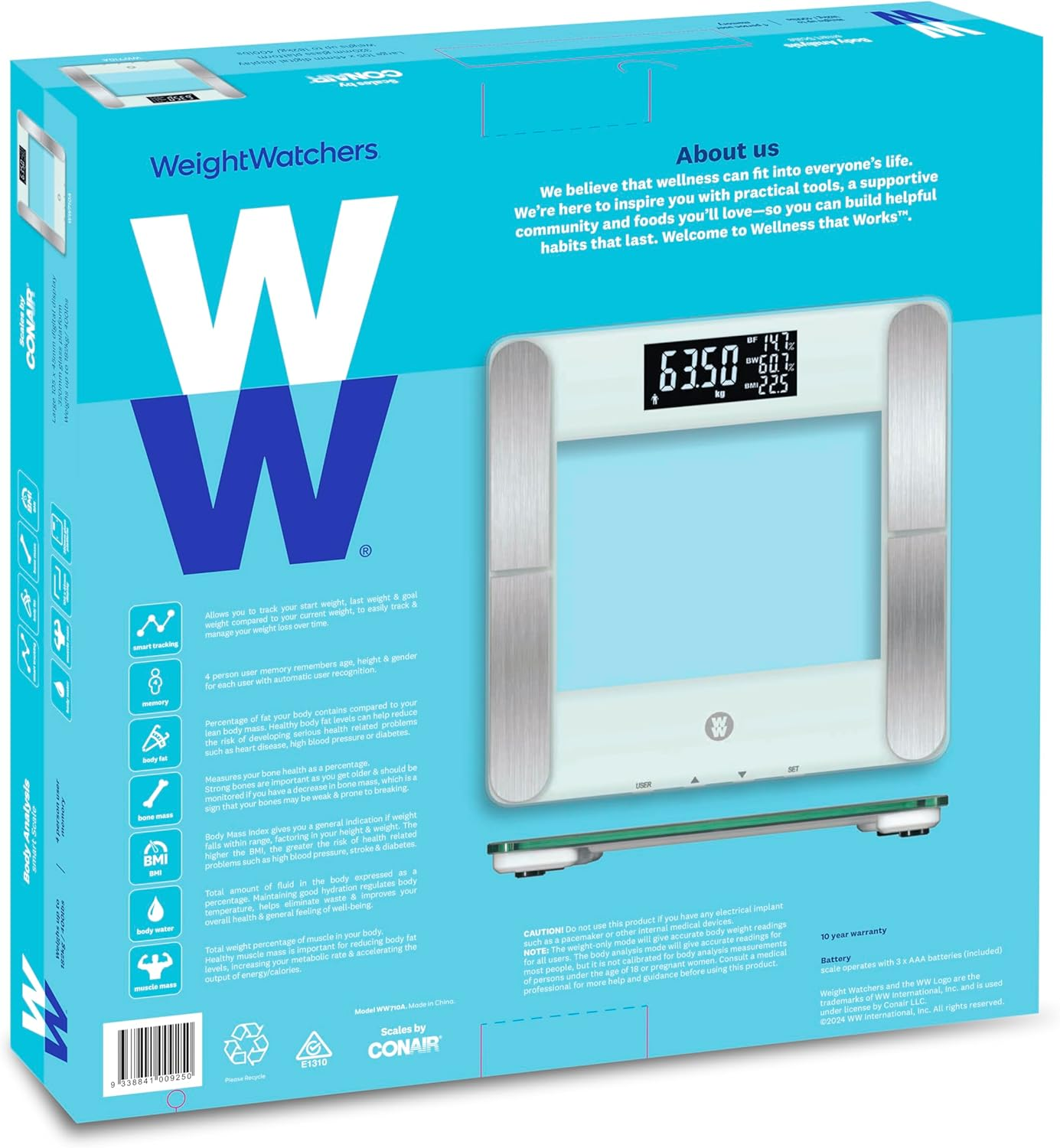 WW Body Analysis Smart Scale &ndash; Measures Weight, Body Fat, Water, Bone & Muscle Mass, BMI &ndash; 4 User Memory, Advanced Weight Tracking, Large LCD Display, 182Kg/400Lb Capacity, Tempered Glass, 10 Year Warranty image number 4