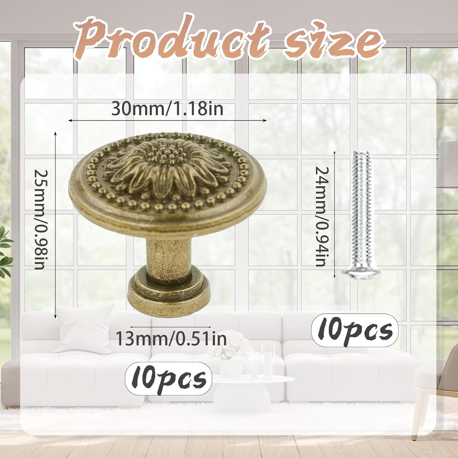 Zcrprn Drawer Knobs, 10 PCS Antique Brass Kitchen Cupboard Handles, Vintage Floral Pattern Drawer Handles, Cabinet Knobs for Chest of Drawers, Furniture Cabinets, Dressers, Wardrobe Doors image number 6