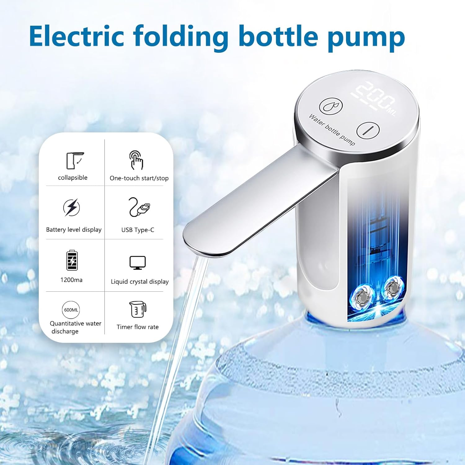 Smart Water Dispenser, Electric Portable Water Bottle Pump Rechargeable USB Charging Manual Folding Spout for Kitchen Office Home Camping Bedroom Campervan White image number 3