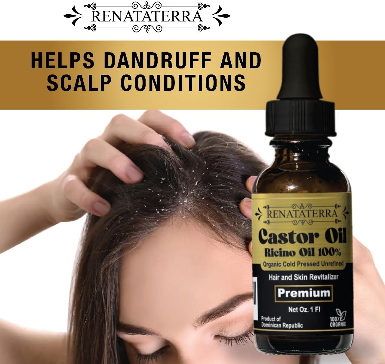 Renataterra Aceite De Ricino Dominicano Prensado En Frio 1 Oz - Para El Crecimiento Del Cabello, El Rostro, El Cuero Cabelludo, Cejas Y Pesta&ntilde;as M&aacute;s Gruesas., Ambar