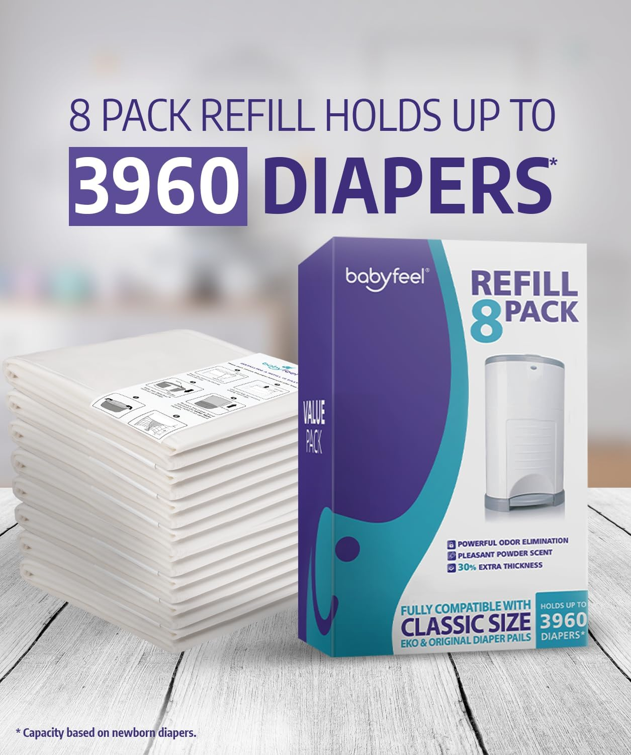 Dekor Classic Refills by Babyfeel 8 Pack Extra Value Exclusive 30% Extra Thickness Powder Scent Fits Dekor Classic Size Nappy Pails Powerful Odour Elimination Holds up to 3960 Nappies image number 1