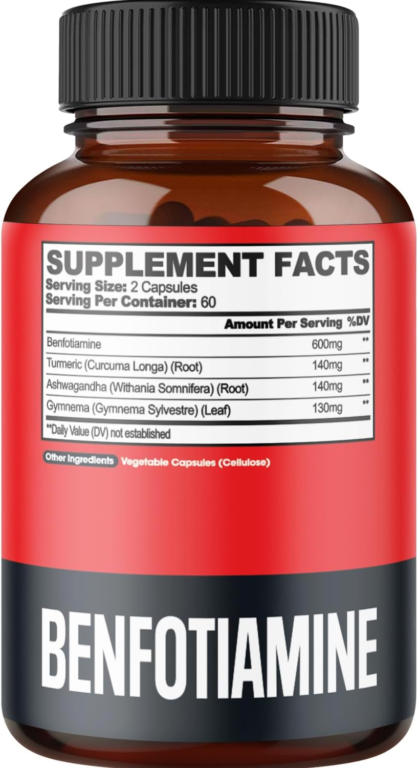 4In1 Benfotiamine Supplement - 2 Month Supply - plus Turmeric Curcumin Root, Ashwagandha Root & Gymnema Sylvestre - 120 Veggie Capsules image number 5