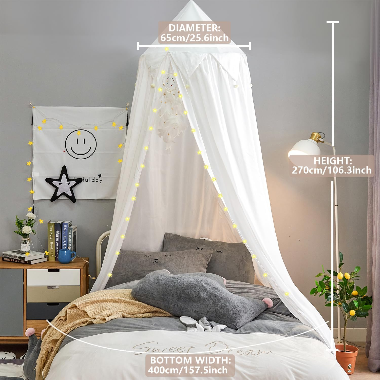 Bed Canopy Kids with Pom Pom, Cotton Princess Canopy with String Light for Girls Child Mosquito Net Cover Canopies Baby Crib Curtain Reading Nook Hanging Tent Nursery Play Game Castle Room Decoration - White image number 5