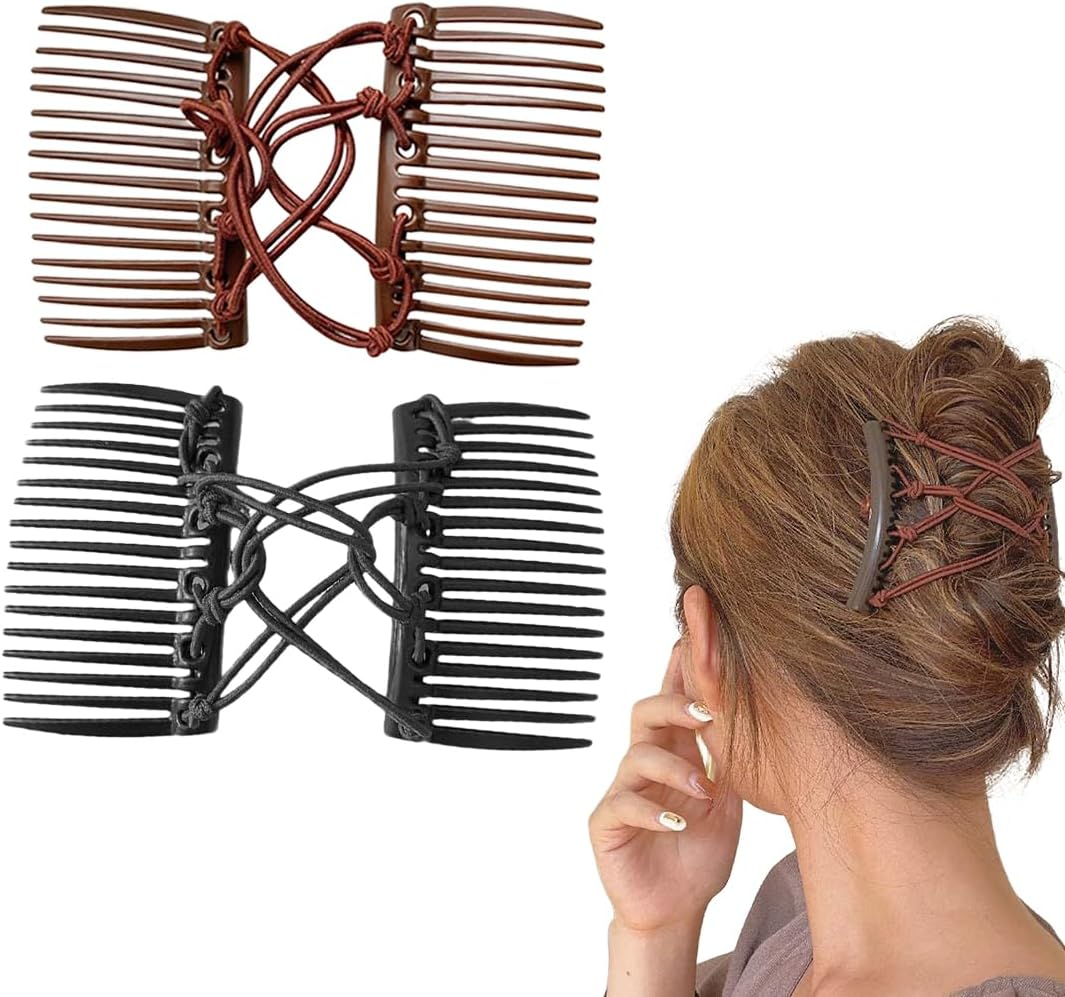 2 Pieces Elastic Hair Clips Double Comb Hair Bands Elastic Magic Combs for Thick Hair Vintage Adjustable