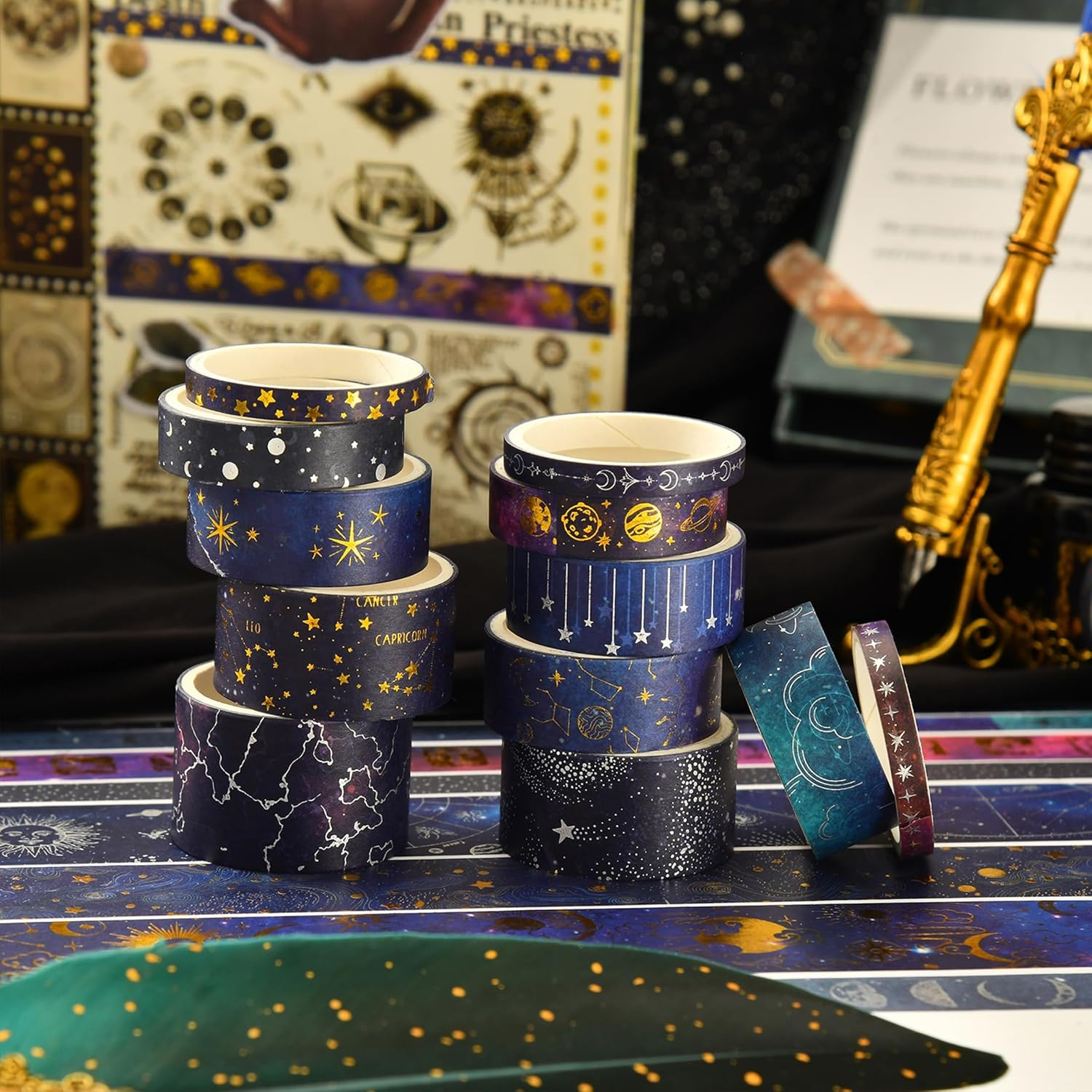 KAVI' S 20 Rolls Galaxy Washi Tape Set Stars Arts Adhesive Tapes Gold Silver Foil Decorative Masking Tape Sets for Craft, Kids, Scrapbook, DIY, Gift Wrapping