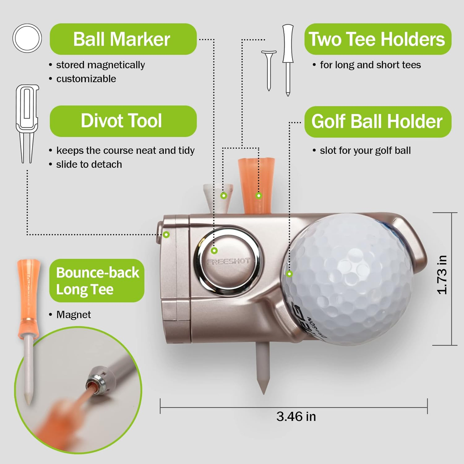 FREESHOT All-In-One Golf Accessory Tool That Includes Golf Ball Holder, Tees, Divot Tool and Custom Ball Markers, Golf Golf Lovers (4 Colors) image number 4