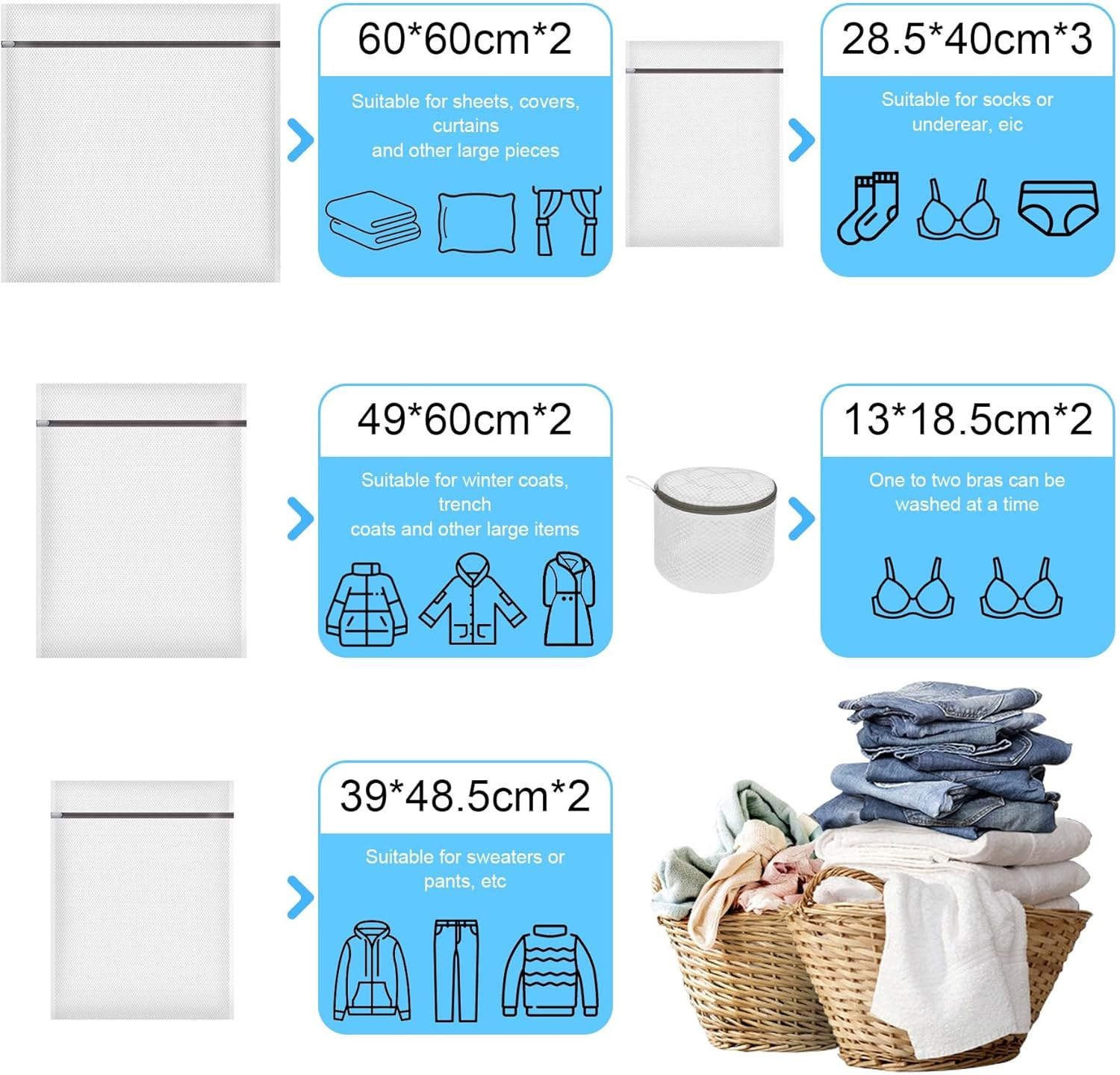 DAWNTREES 11-Piece Mesh Laundry Bags Set, Polyester, Zipper Closure, Multiple Sizes for Clothing, Delicates, Underwear, Bra, Lingerie, Travel Storage image number 5