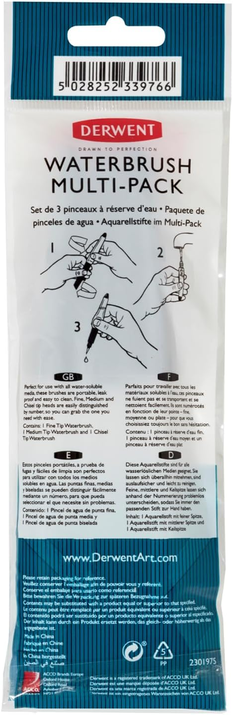 Derwent Waterbrush for Watercolour Painting, Pack of 3, Includes Chisel Tip, Fine Tip and Medium Tip, Professional Quality, 2301975 image number 3