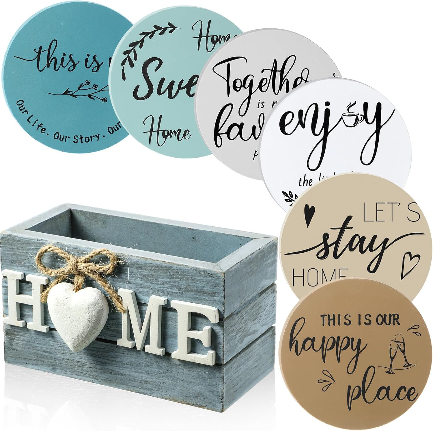 Queekay Housewarming Gifts for Home Decoration Wooden Heart Coasters Drinks Set of 6 Farmhouse with Holder Funny Family Friend Coffee Table Protection, 4 Inch (Brown) (Bd-Queekay-272681) image number 5