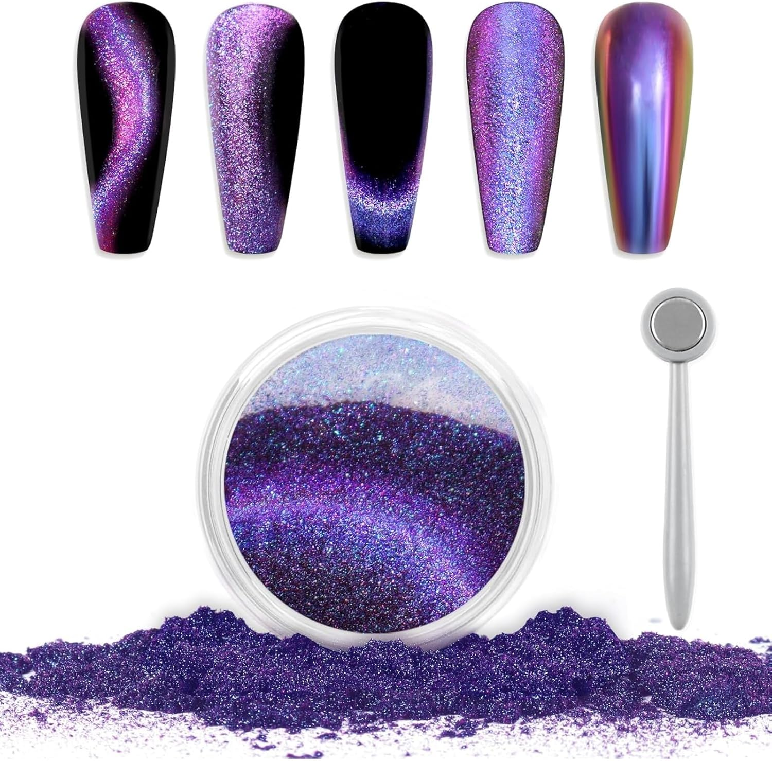 Cat'S Eye Chrome Nail, Chameleon Magnetic, 9D Cat'S Eye Mirror Effect Pigment, Magic Galaxy Holographic Effect Glitter (Including Magnetic Stick, Suitable for Velvet Nail Art (Blueish Purple) image number 2