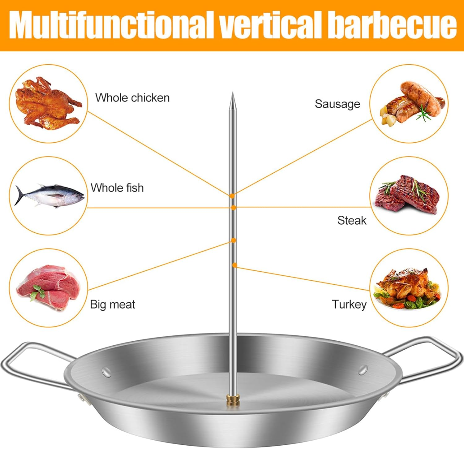 Vertical Skewer Grill, Stainless Steel Al Pastor Skewer with 3 Removable Spikes 8/10/12 Inch Oil Brush, Reusable Vertical Barbecue Rack, Shawarma Kebabs Smoker Oven BBQ Dishes image number 5
