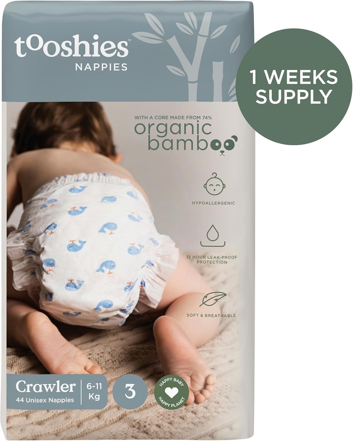Tooshies Nappies | Size 3 Crawler 6-11 Kg | Made with Organic Bamboo | 12 Hrs Leak Free | Unisex | Whale Print | 1 WEEK SUPPLY image number 2