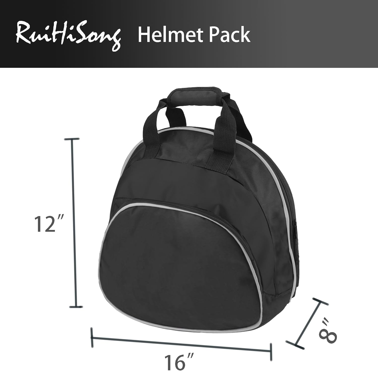 Ruihisong Helmet Bag, Motorcycle Helmet Bag, Black, 16X8X12 Inches, Silver Piping, Two-Way Zipper, Carrying Handle, Cashmere Lining image number 2