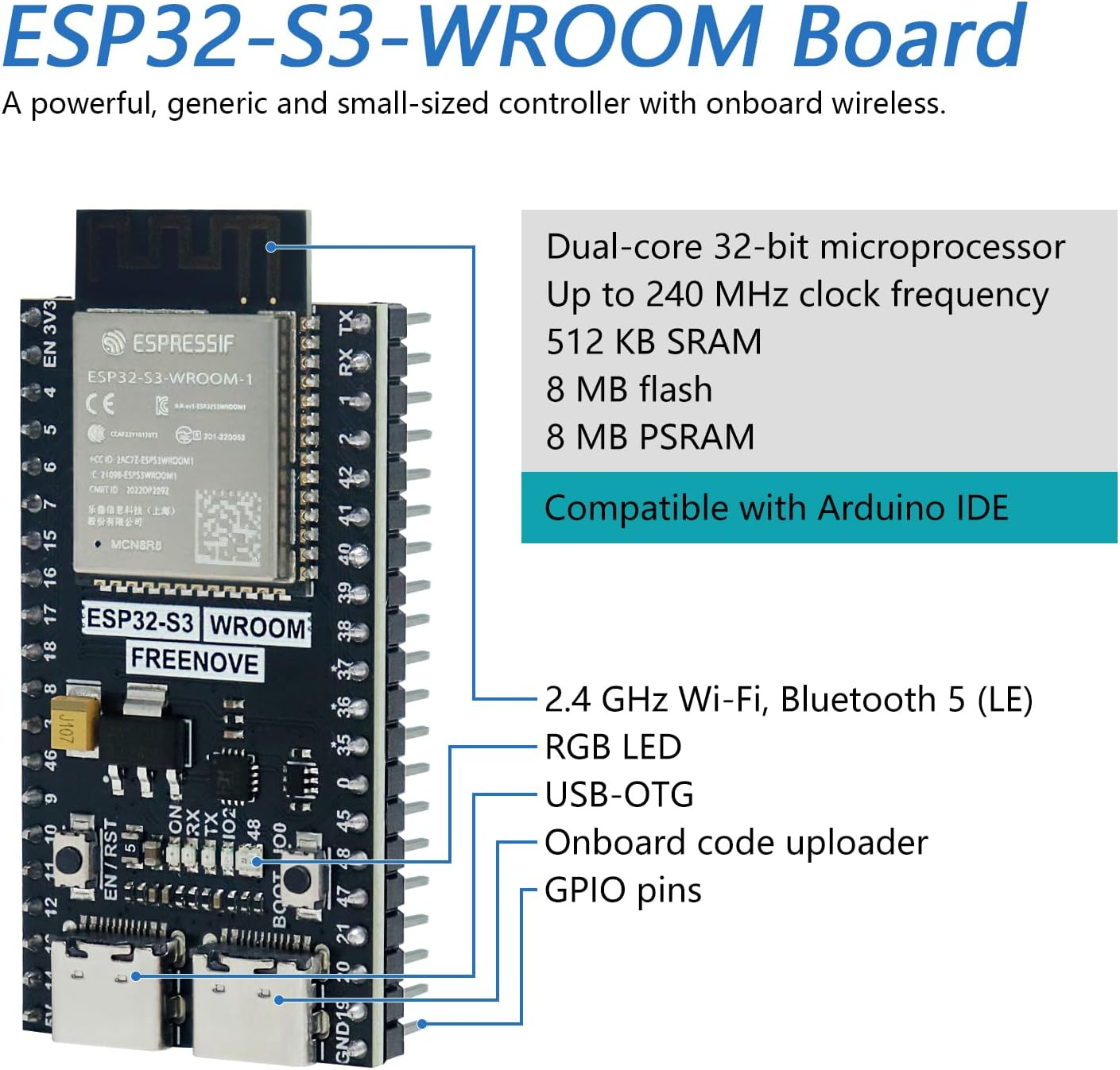 Freenove ESP32-S3-WROOM Board Lite, Dual-Core 32-Bit 240 Mhz Microcontroller, Onboard Wireless, Python C Code, Example Projects Tutorial - 1 Pack image number 4