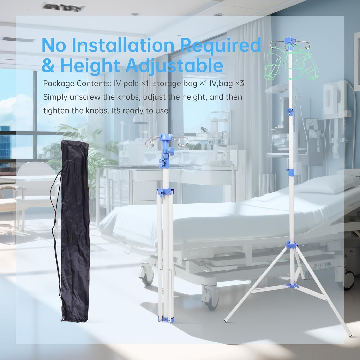 Foldable IV Pole with Portable Bag, Collapsible IV Pole Stand with 3 Nets for Drip Bag, Tripod IV Pole Stand Adjustable, 4 Hooks for Nursing Clinic Home Care Travel, Stable, White, 1 Pcs image number 2
