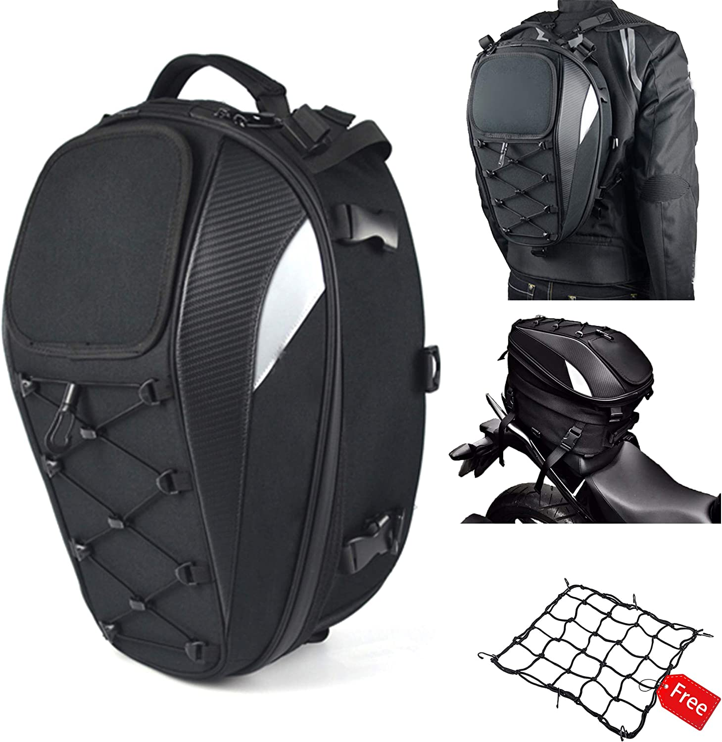 Dual Use Motorcycle Helmet Bag - Waterproof Seat Bag for Motorbike Full Face Helmet - Includes One Extra Cargo Net image number 1