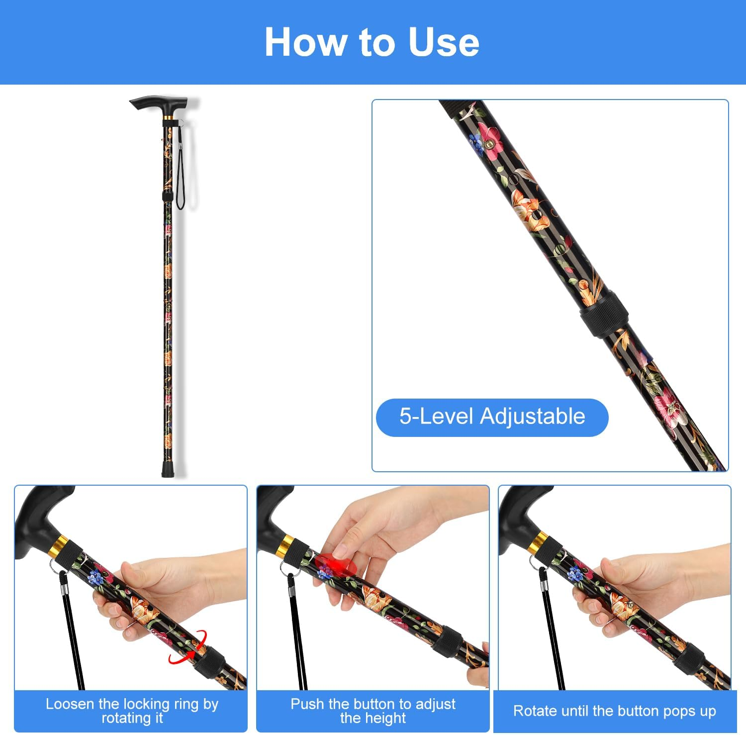 Supregear Walking Stick - Adjustable Folding Walking Sticks for Women and Men - Lightweight Portable Collapsible Balancing Aid - Travel Cane for Ladies Elderly Adults, Black Floral image number 4