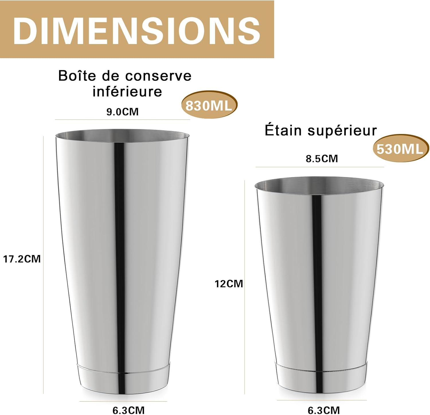 WOTOR Boston Cocktail Shaker Set 530 Ml & 830 Ml Stainless Steel Weighted Shaker Cans, Metal Martini Shaker, Beverage Mixer for Bartending, Professional Bar Tools for Bartender (3 Pack) image number 3