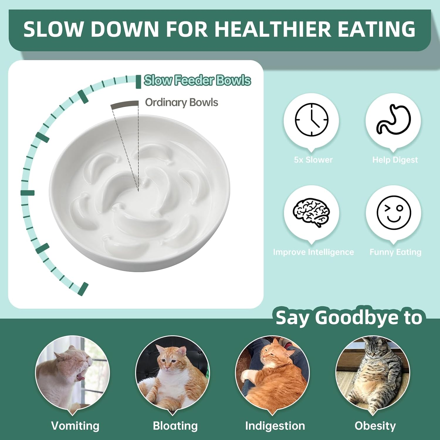 Cat Slow Feeder Bowl Set - 2 Pcs Ceramic Cat Food Plates for Slow Eating - Double Cat Dish for Dry Wet Food - Slow Feeding Cat Bowls Whisker Friendly - Microwave and Dishwasher Safe - White and Pink image number 3