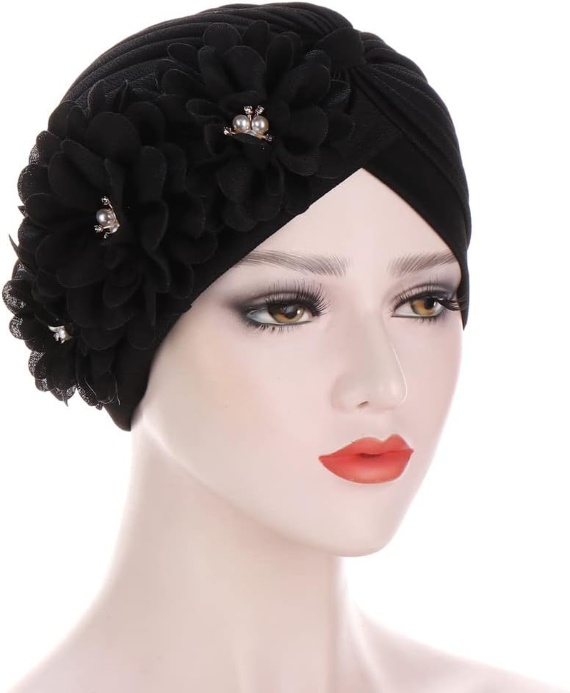 YYAOJHAO Women Flower Turban Hats - Ruffle Pre Tied Headwrap Caps Chemo Beanies Hijab Headscarf for Cancer Patient Hair Loss image number 2