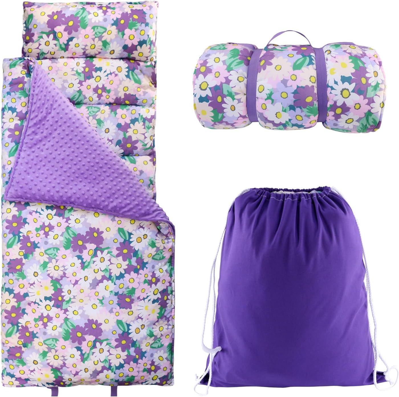 Nap Mat with Removable Pillow and Soft Blanket, Lightweight Daycare Preschool Kindergarten Sleeping Bag, Travel Slumber for Kids Girls Boys