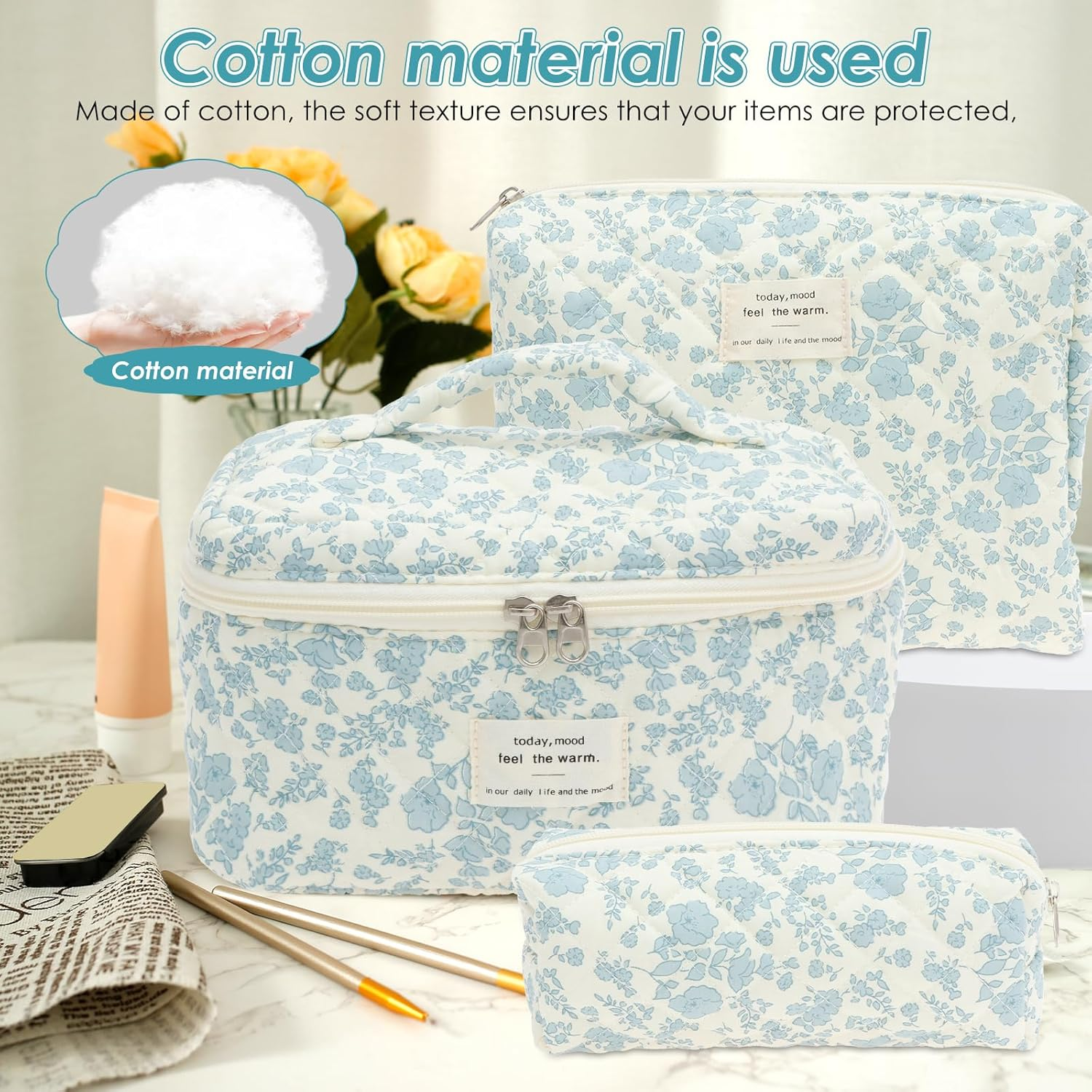 3 Pcs Makeup Bag Cotton Quilted Cosmetic Bag Cute Makeup Multifunctional Cosmetic Set for Women Girls Ladies(Wathet) - Pink image number 6