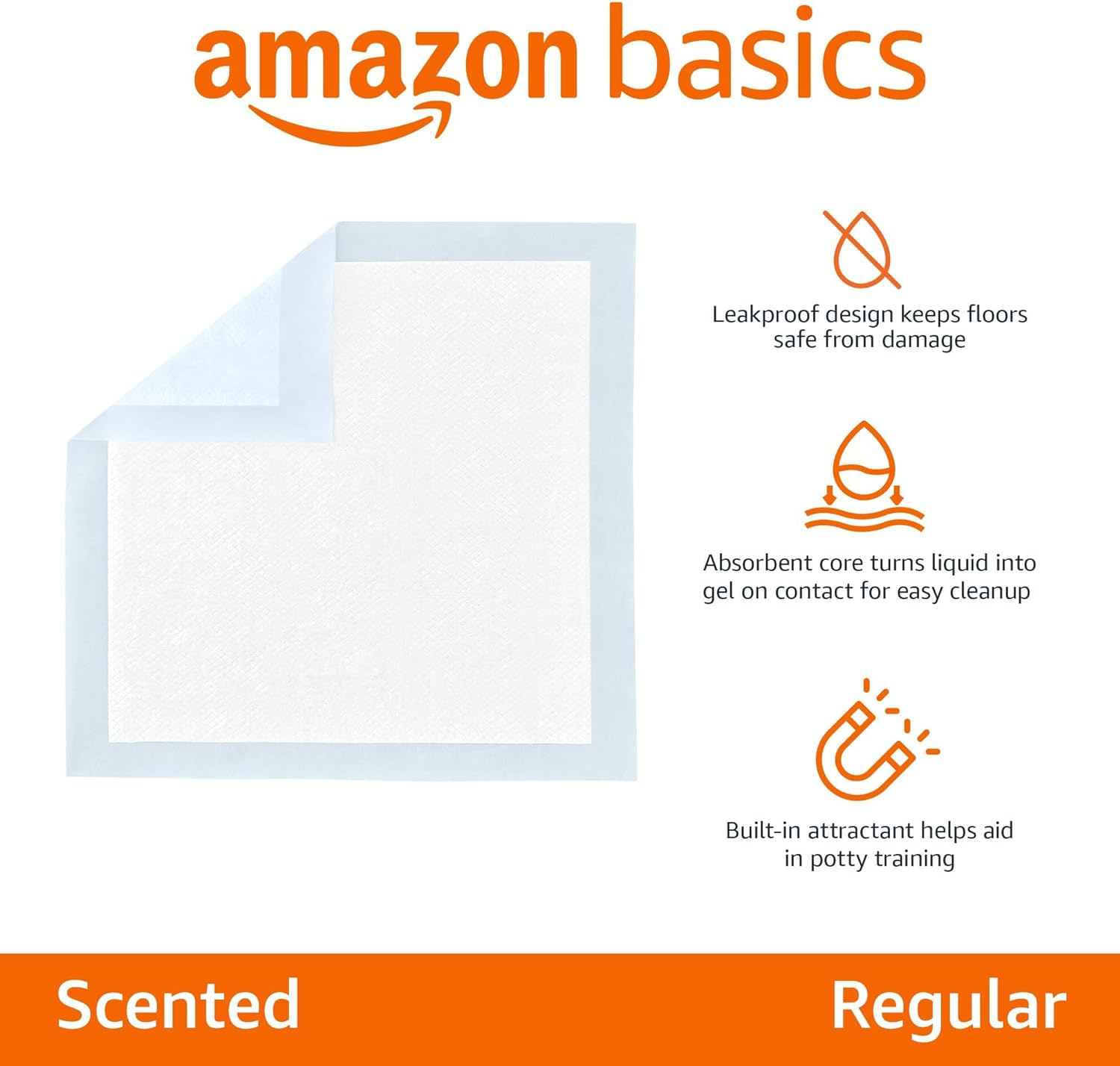 Amazon Basics Absorbent Puppy Pads for Potty Training and Incontinence, 5-Layer Leak-Proof Design, Quick-Dry Surface, Regular Size, 55.8 X 55.8 Centimeters, Scented, Pack of 100, Blue & White