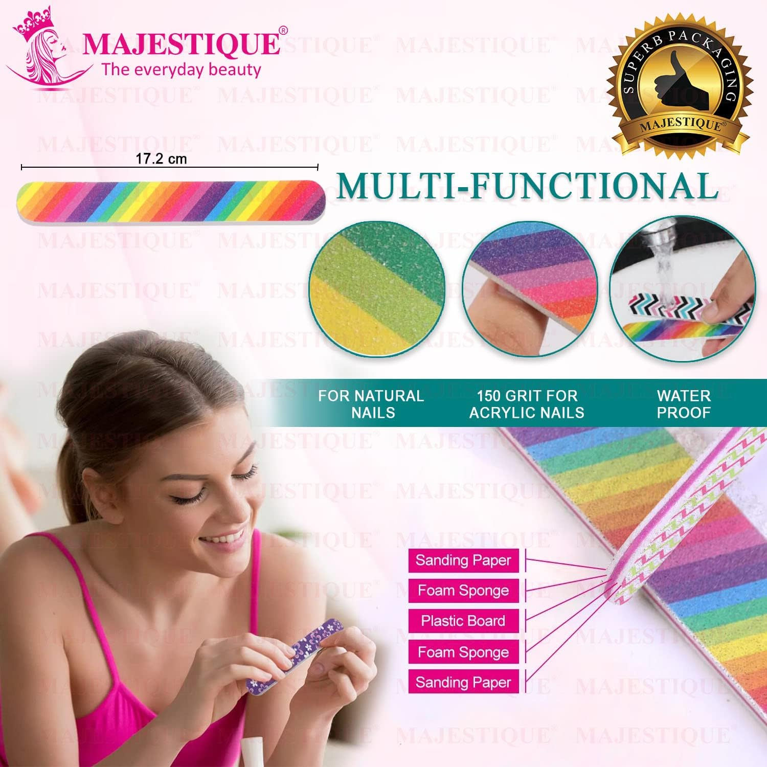 Majestique Professional Nail File and Buffers for Women Girls, Natural Emery Boards, High Grit Colorful Pattern Design Set of 2 Files image number 6