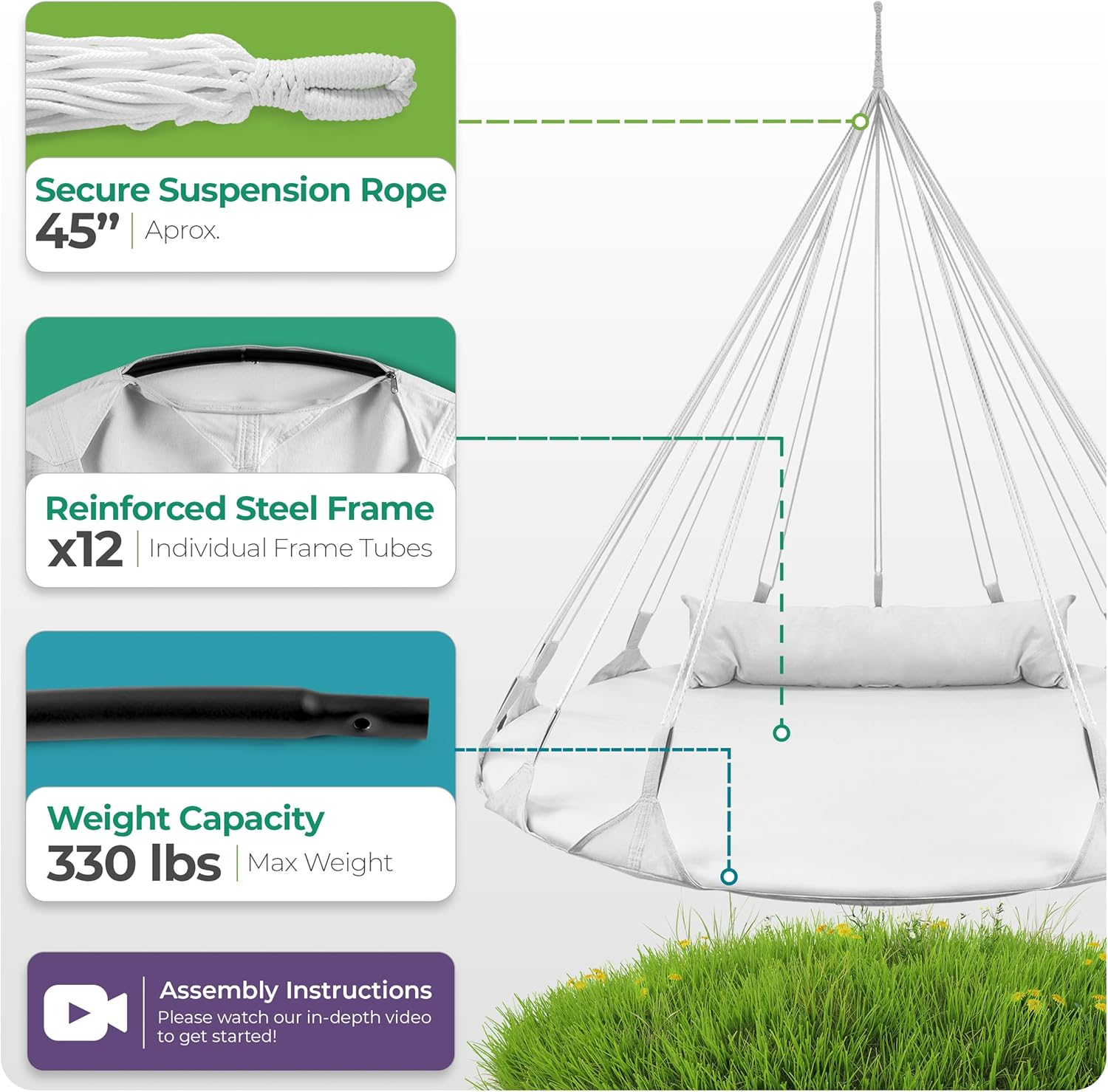 Sorbus 56" Stylish Hanging Swing Nest - Premium Cotton Double Hammock Daybed Saucer Style Lounger Swing - 264Lbs Sturdy Spinner Tree Swing W/Pillow - Easy Setup - for Indoor/Outdoor, Travel - White - Green image number 2