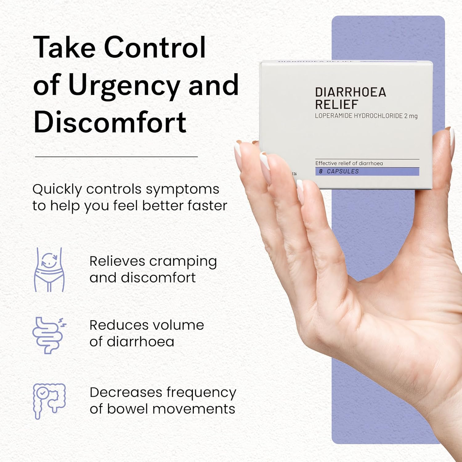 TUMME Diarrhoea Relief 8 Capsules | Fast & Effective Relief from Diarrhoea Symptoms | Decreases Bowel Movement Urgency, Reduces Volume of Diarrhoea, Relieves Cramping & Discomfort | Contains 2Mg of Loperamide Hydrochloride image number 2