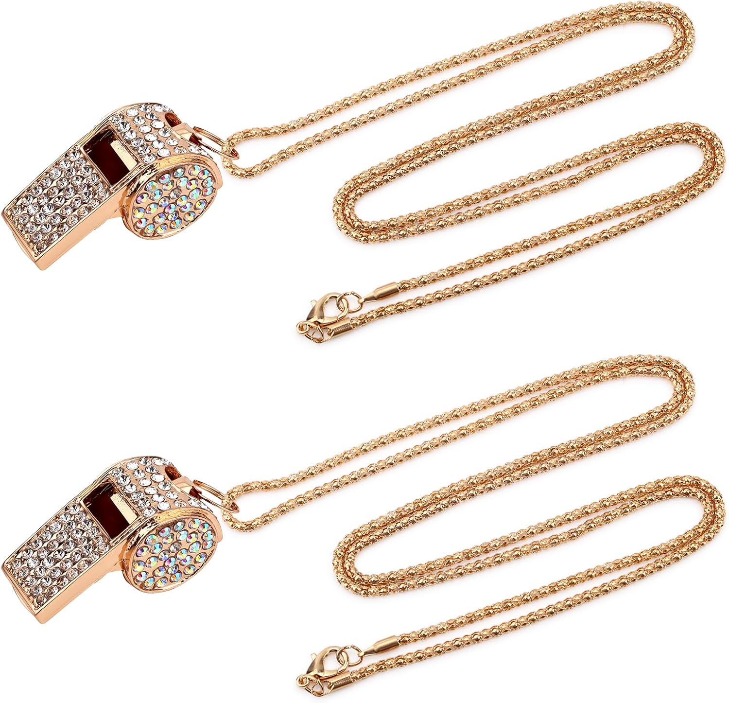 Tinoaly 2Pcs Bling Whistle Crystal Rhinestone Necklace, Metal Golden Bling Loud Crisp Sound Whistle with Chain Lanyard for Referee Coach Teacher Sports Training image number 1