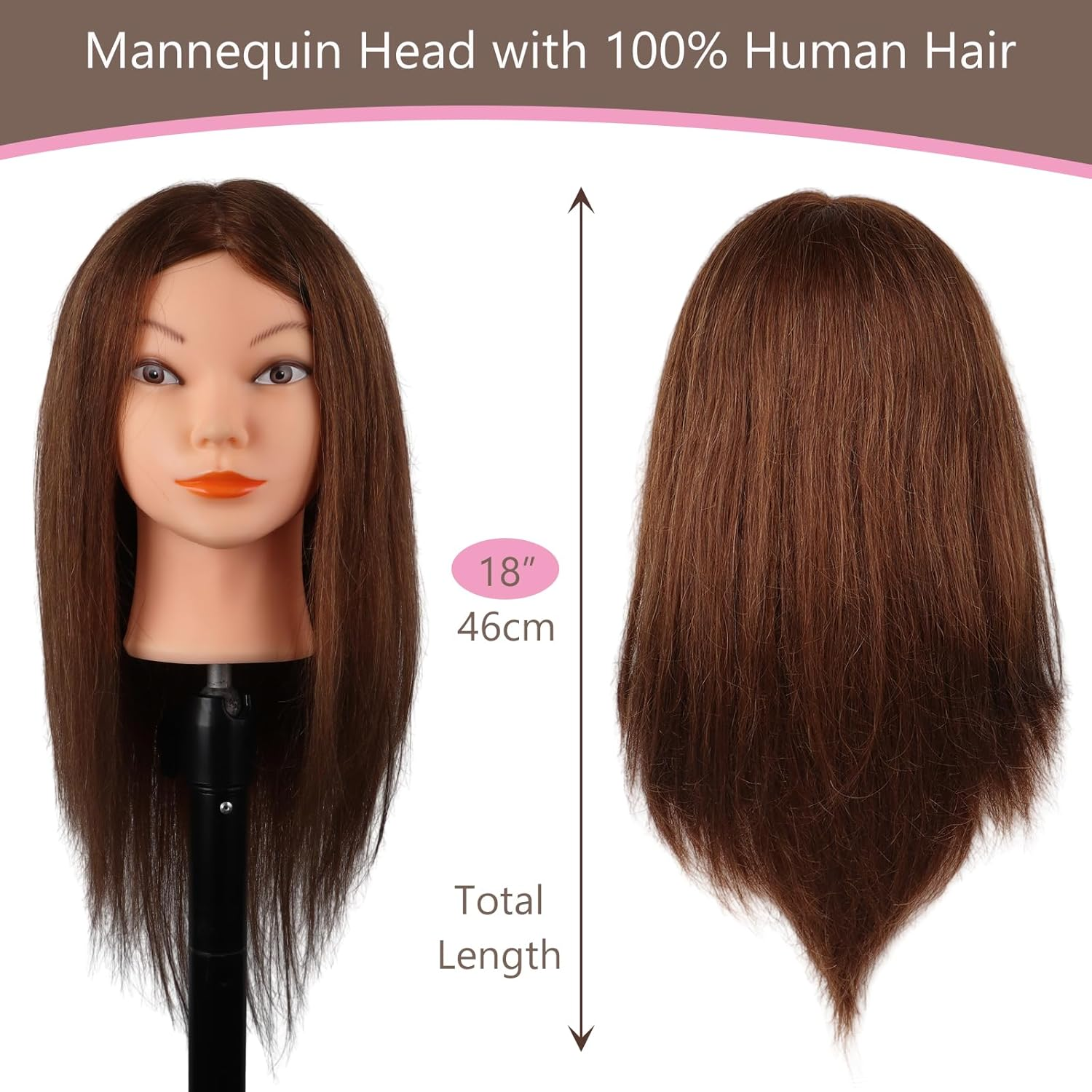 Mannequin Head with 100% Real Hair, 18" Dark Brown Natural Human Hair Hairdressing Doll Head for Practicing Hair Styling, Curling, Straightening, Coloring with Clamp & Styling Tools image number 3