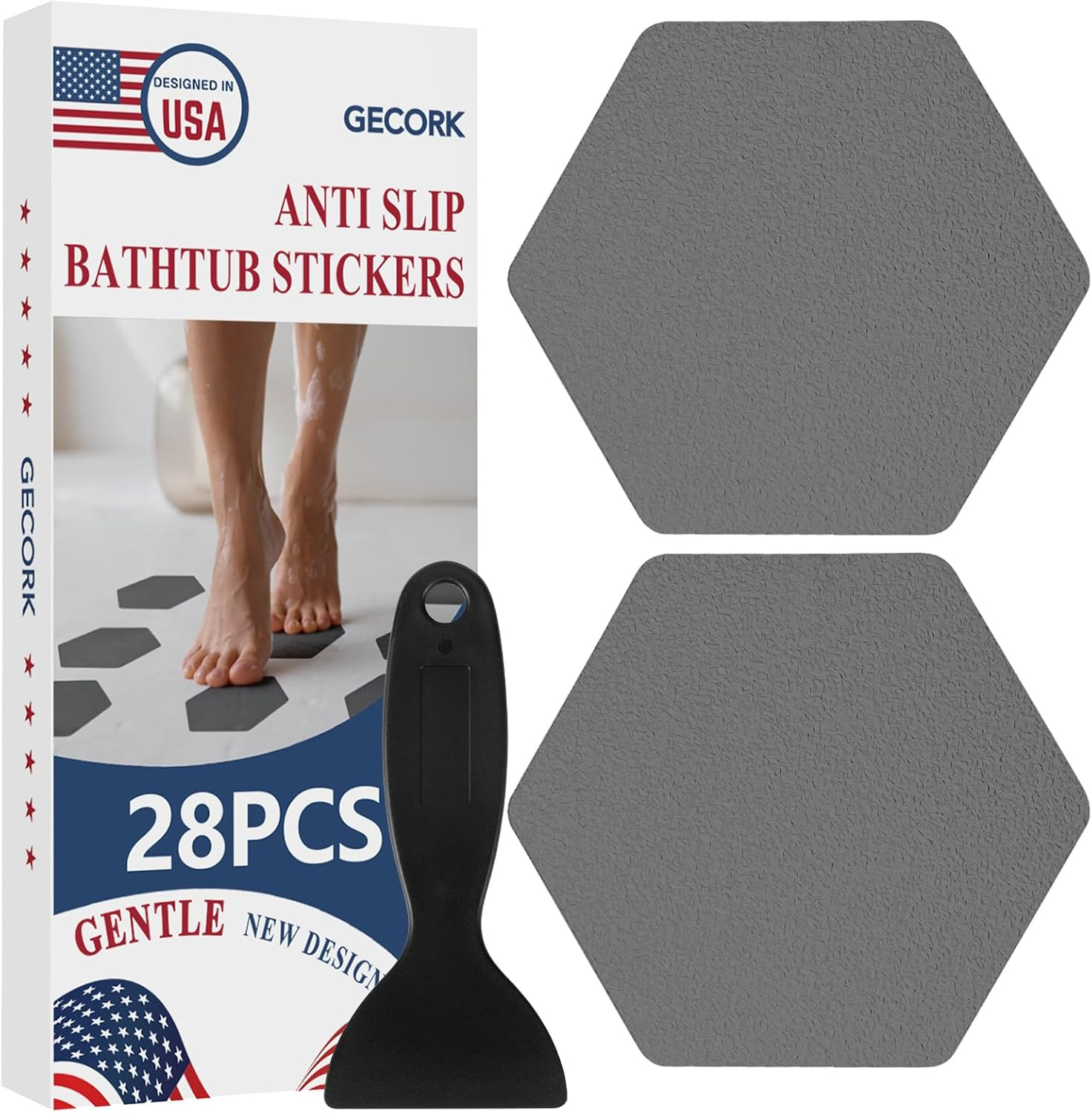 Gecork 28 PCS Shower Floor Non Slip Stickers with Strong Adhesive, Invisible & Durable anti Slip Shower Stickers with Scraper for Bath Tub, Pools and Stairs,Hexagon