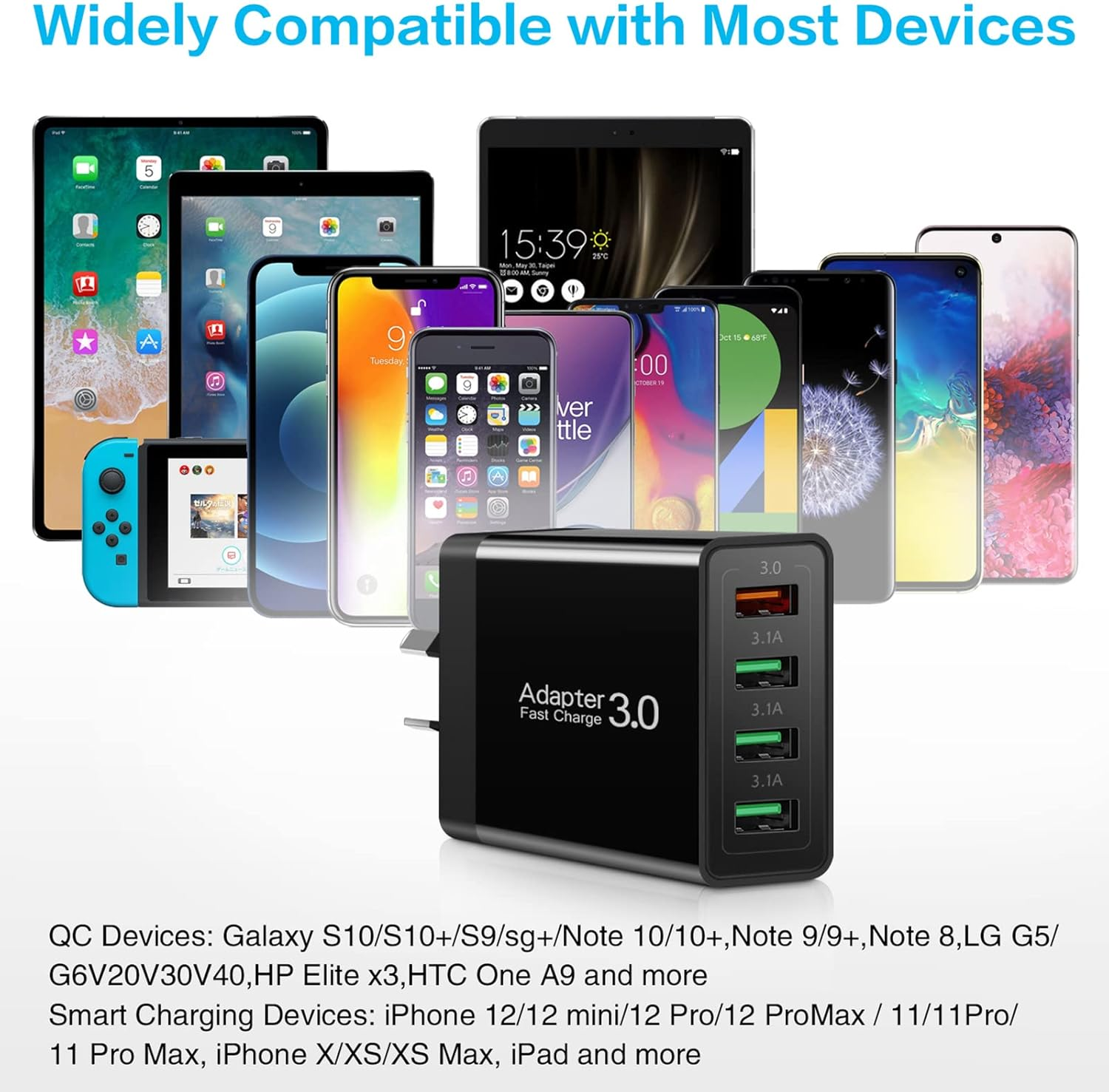 USB Charger, Total 33W Abetcabe 4 Ports Wall Charger Plug Fast Charger Power Adapter Compatible for Samsung Galaxy S20 S10 S9 S8 Note 8/9, Iphone, Pad, Tablet,Htc, LG and More (1-Pack Black) - Upgrade-White image number 3