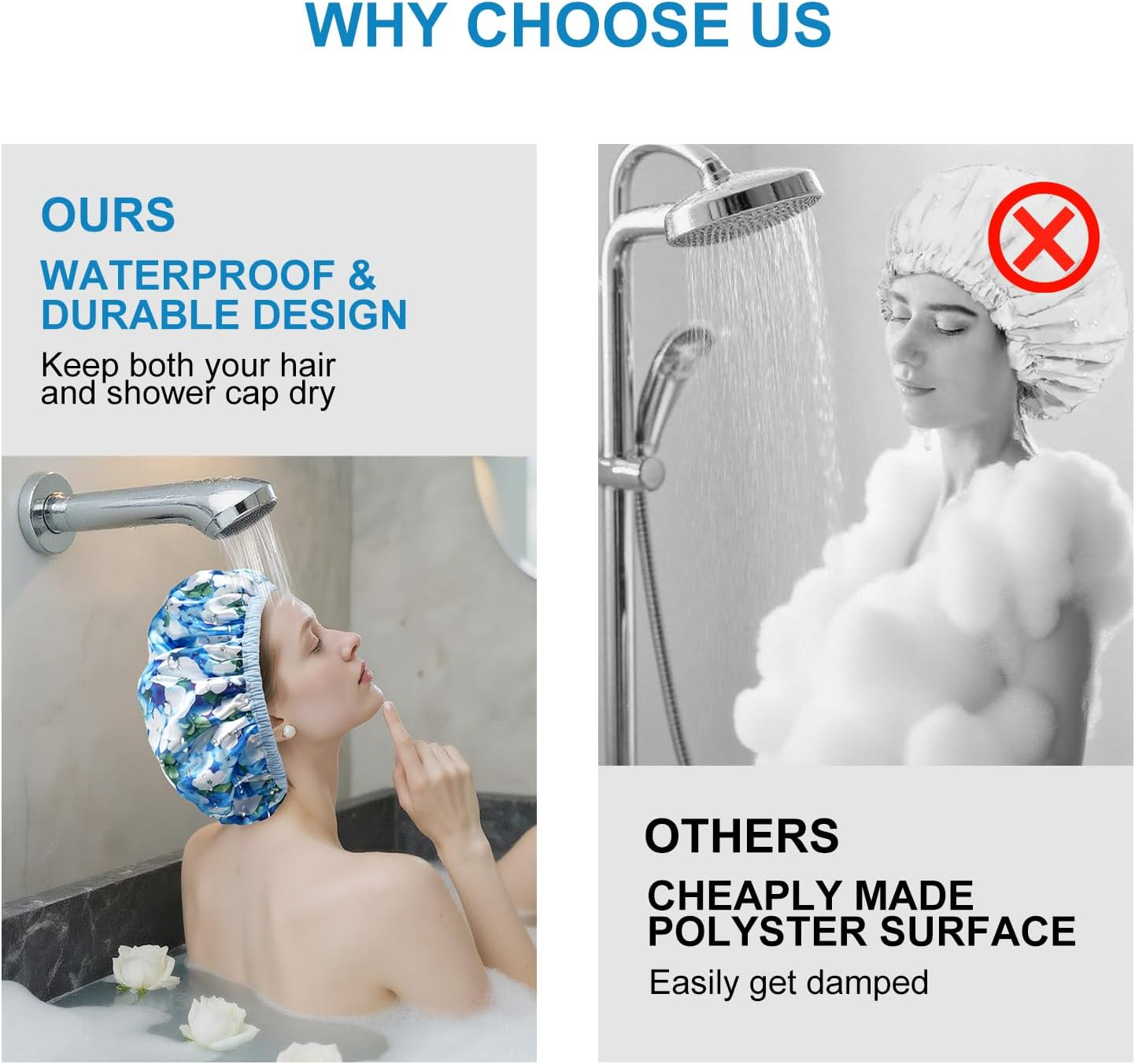 Upgraded Waterproof Terry Shower Caps, Reusable Shower Cap for Women with Long Hair, Soft Absorbent Hair-Protecting Towel Lining Bath Cap, Large Leak-Proof Hair Cap with Fashionable Print Outer-Blue - Blue image number 4