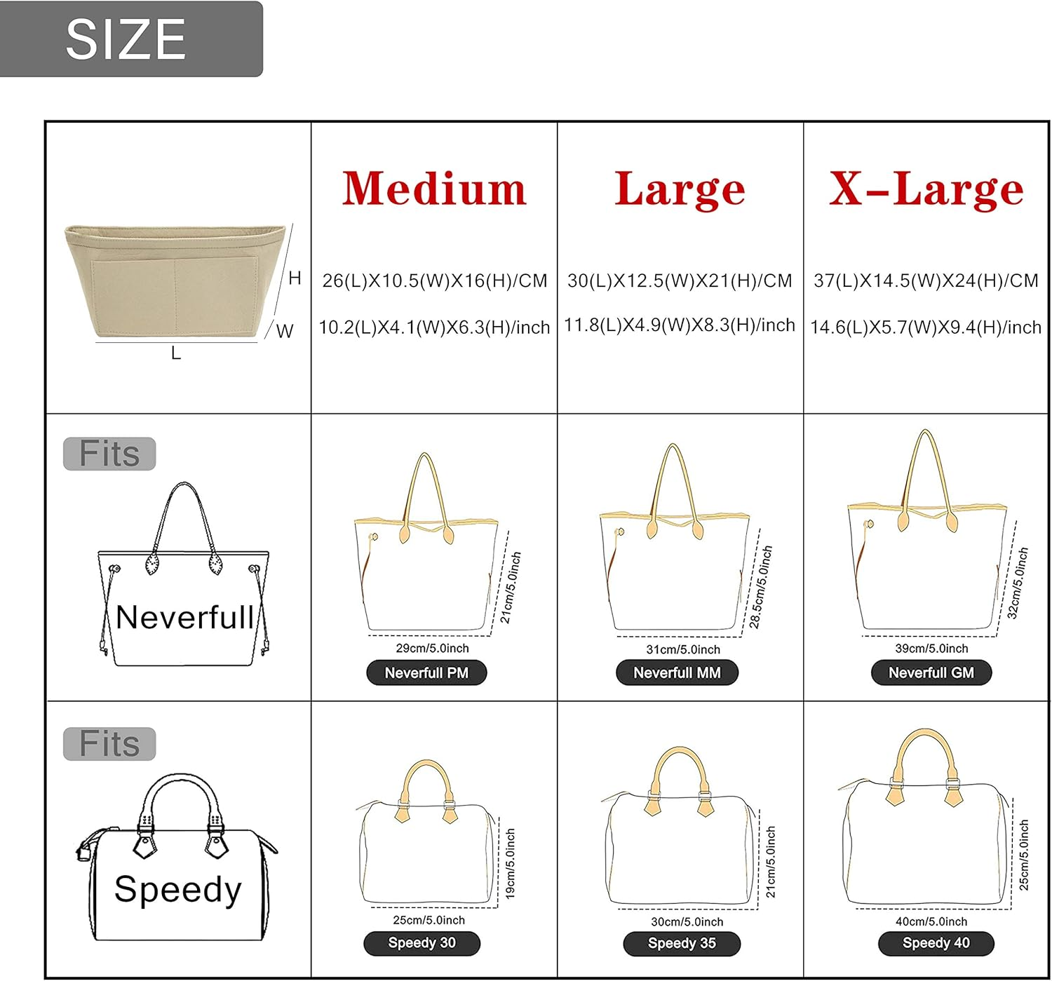 Fovasen Felt Handbag Organiser Insert, Bag Organiser Insert with Handles Keychain, Pocket Purse Cosmetic Storage Bag for Women,Beige-Meidium image number 5