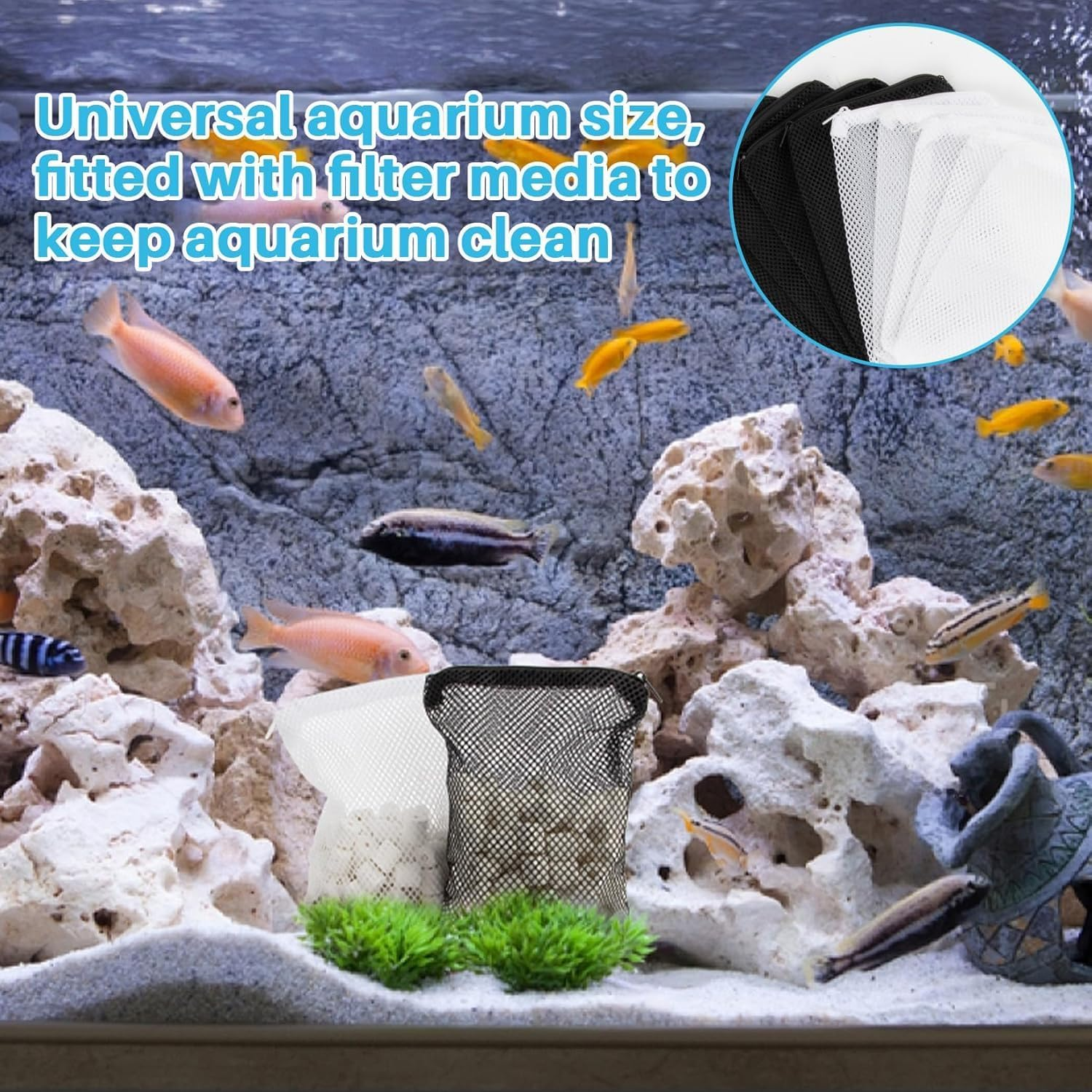 KLHCDUO 12Pcs Reusable Net Fish Tank Filter Bag,5.9 * 7.8In with Zipper Nylon Net Bags for Activated Carbon, Biospheres, Ceramic Rings(White,Black) image number 5