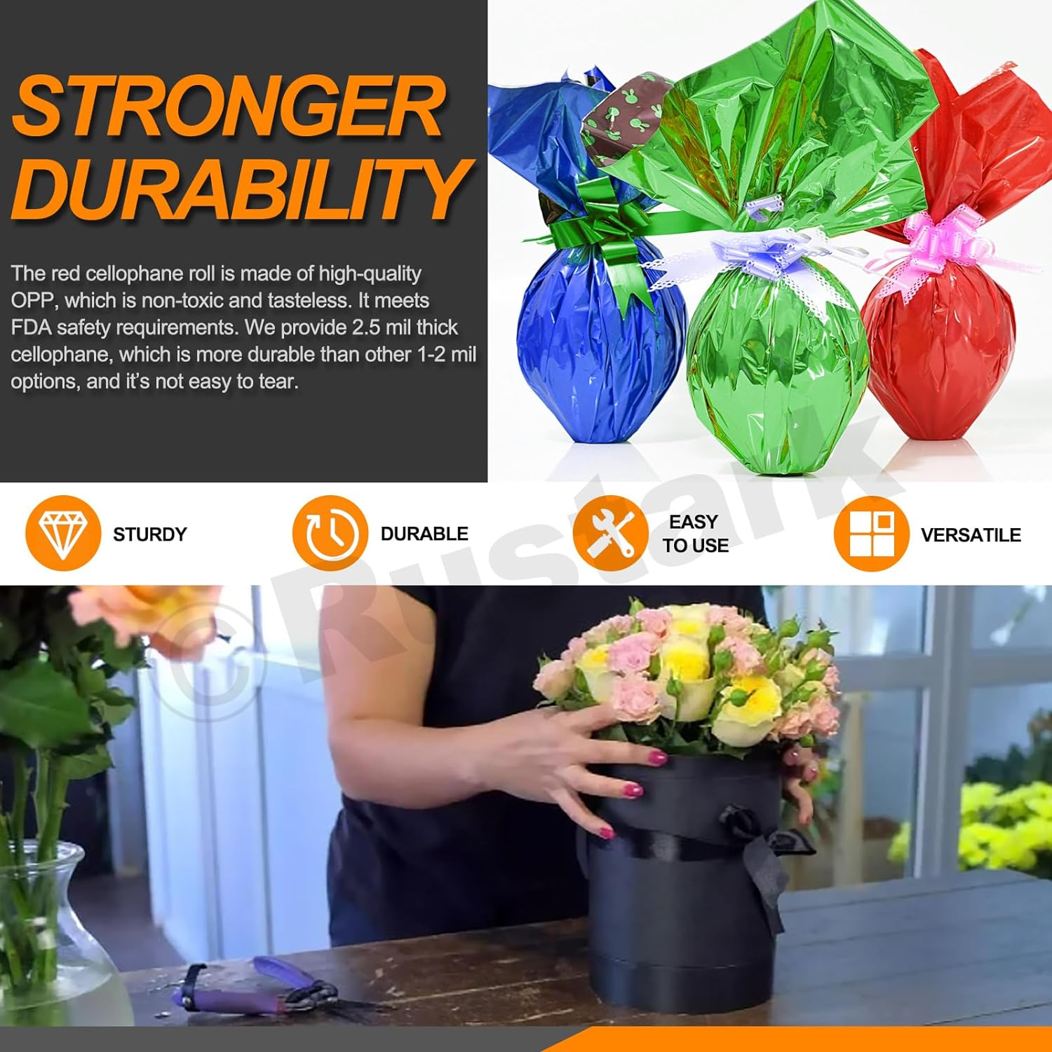 Rustark 1 Roll 40Cmx30M / 15.7Inx100Ft Black Cellophane Wrap Roll Thick Cellophane Transparent Cello Wrapping Paper Colored Cellophane Wrap for Gift Wrapping Craft Flower Bouquet Baskets Decoration image number 6