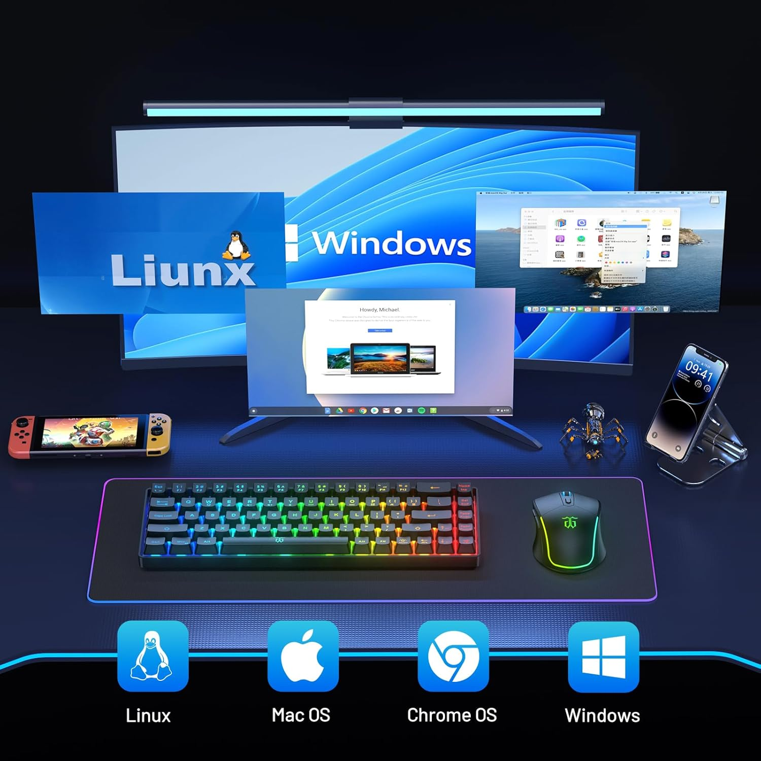 Snpurdiri 60% Wireless Gaming Keyboard and Mouse Combo,Led Backlit Rechargeable 2000Mah Battery,Small Membrane but Mechanical Feel Keyboard + Popular RGB Mice for Gaming,Business Office - Blue image number 6