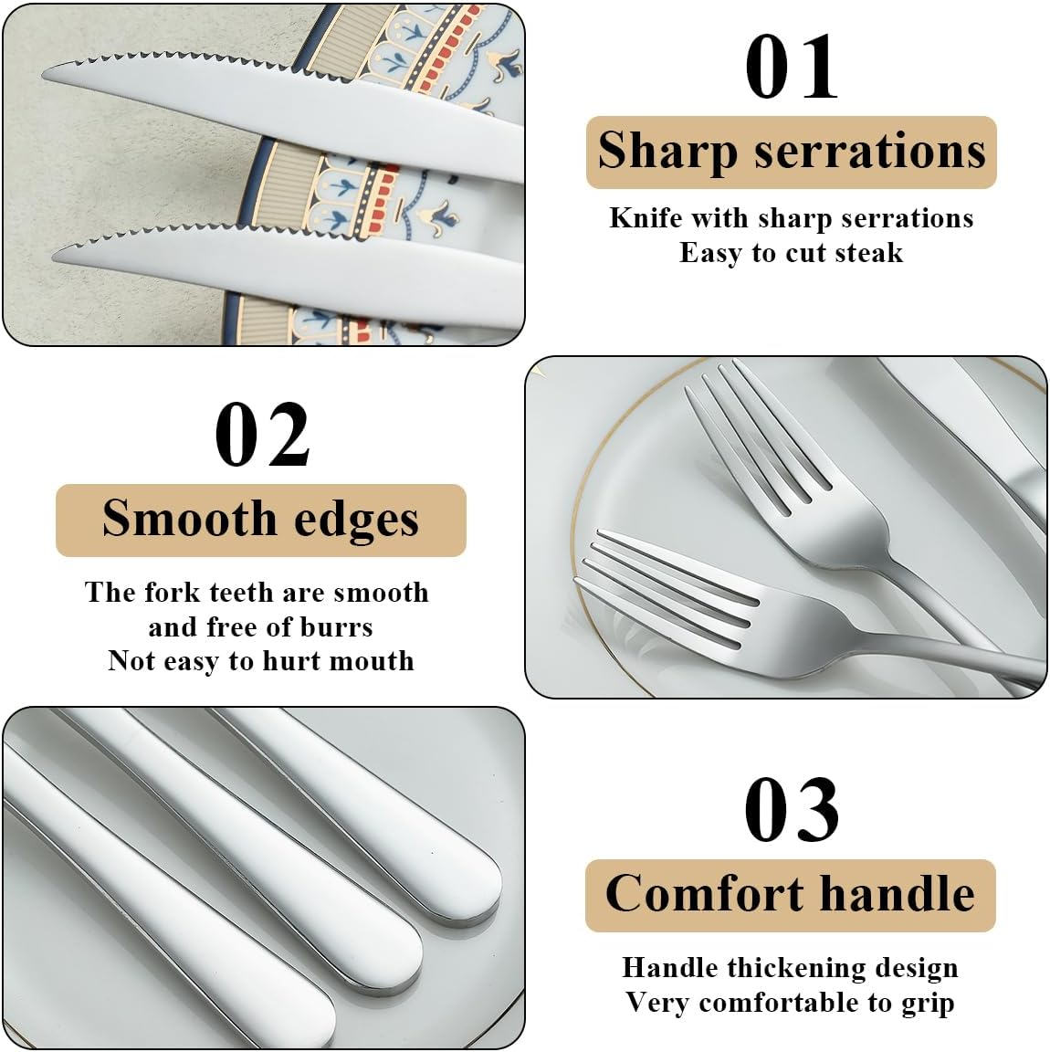 Evanda Steak Knives Set 24 Piece Service for 12, Stainless Steel 12 Dinner Forks and 12 Dinner Knives Set, Steak Knives Steak Forks, Dishwasher Safe image number 1