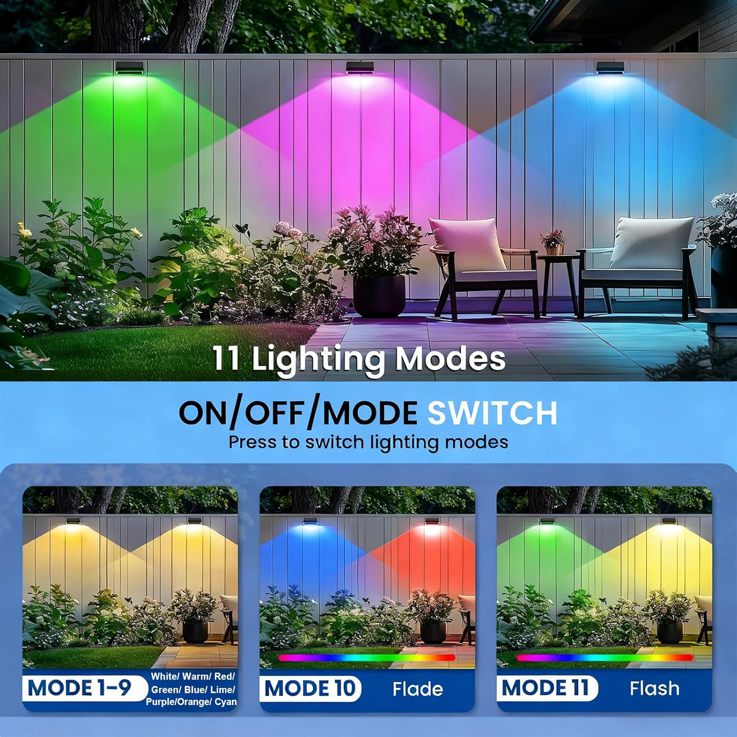Solar Fence Lights, 9 Colors 11 Modes Solar Lights Outdoor Waterproof IP65, Solar Wall Garden Lights for Backyard Patio Deck Railing Pool Wall (2 Packs) image number 1